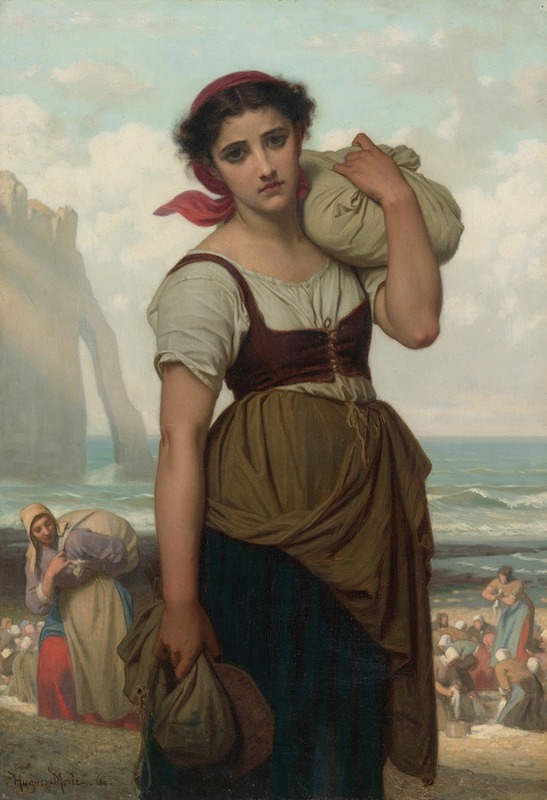 A woman washing clothes by the sea in Hugues Merle's painting.