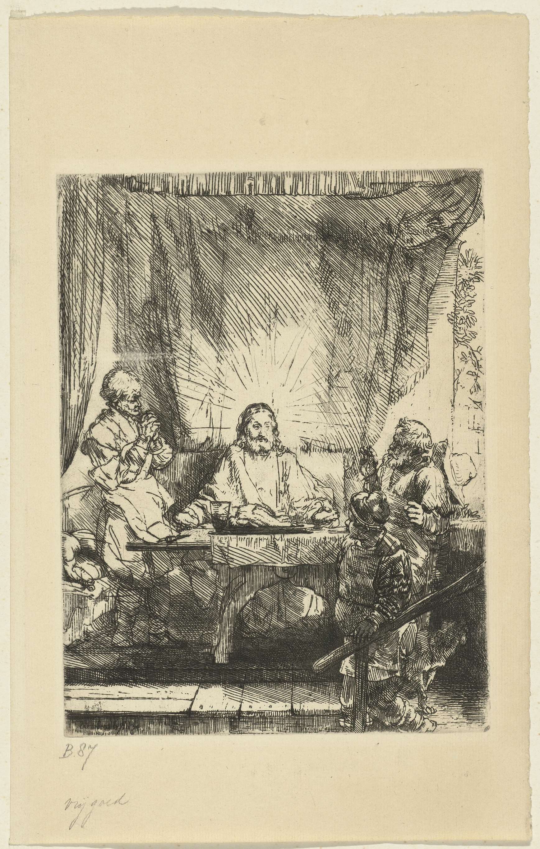 Christ at Emmaus: the larger plate, by Rembrandt van Rijn, public domain