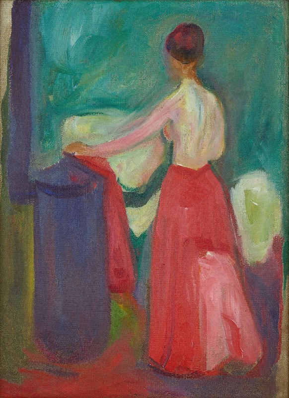 A striking portrayal of a nude figure draped in a red skirt by Edvard Munch.