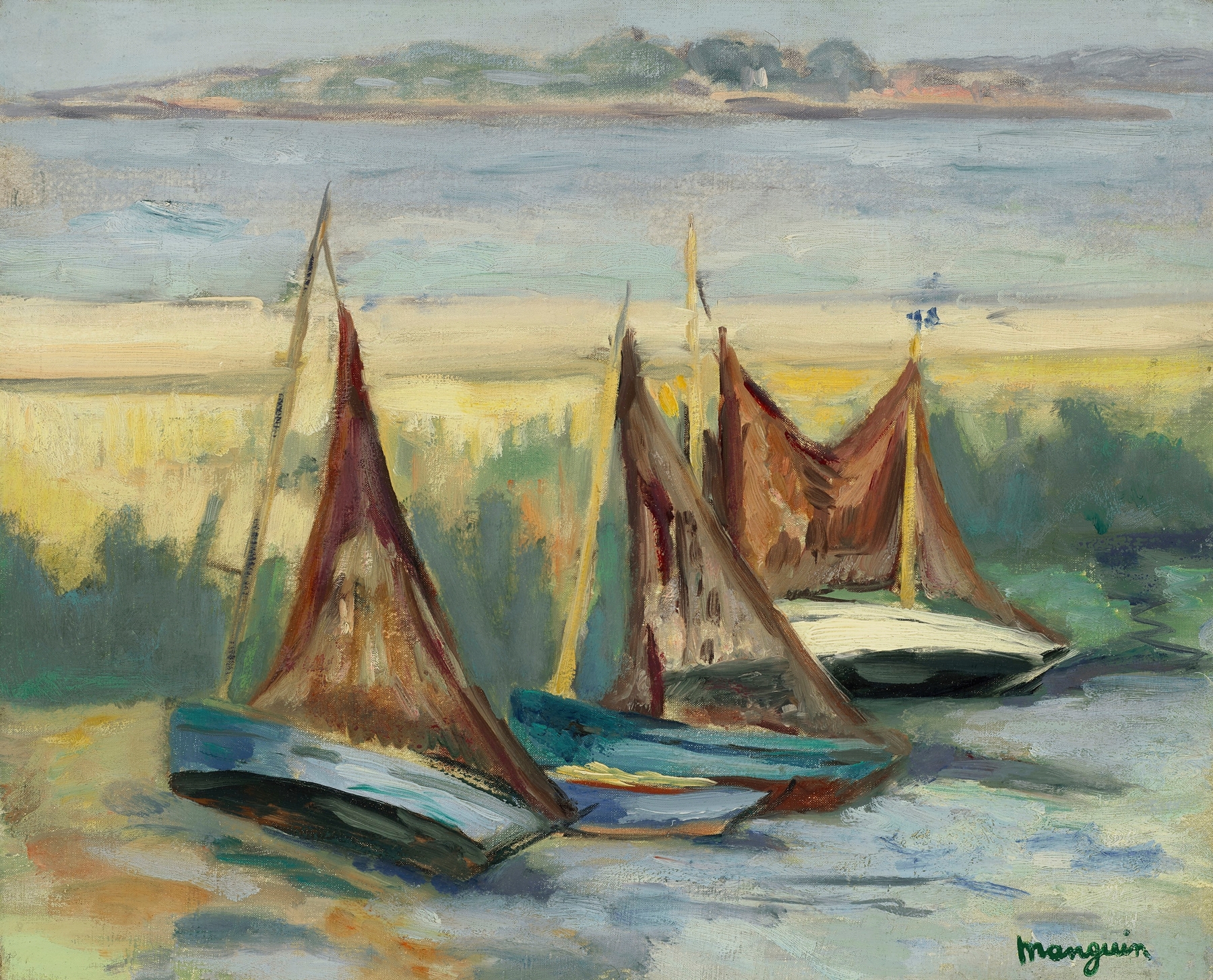 Voiliers à marée basse by Henri Manguin, oil on canvas depicting boats in a tranquil bay