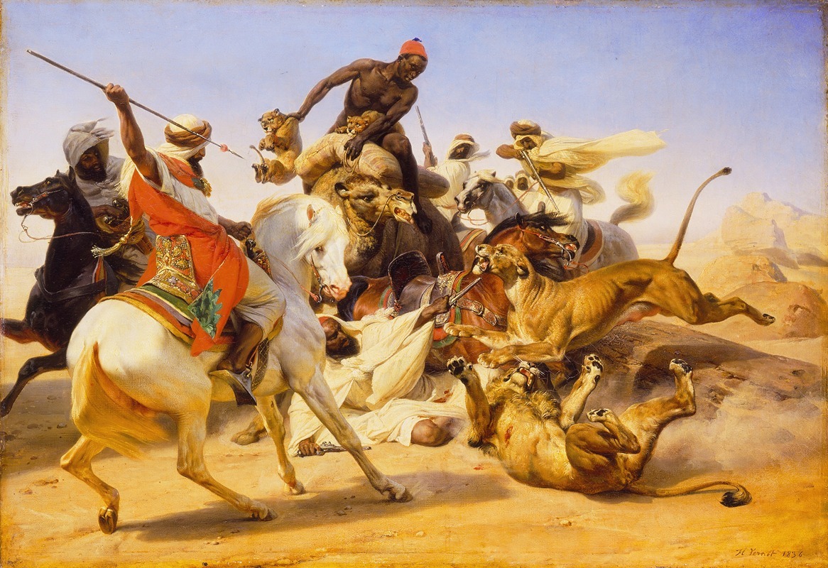 A dramatic depiction of a lion hunt by Horace Vernet.
