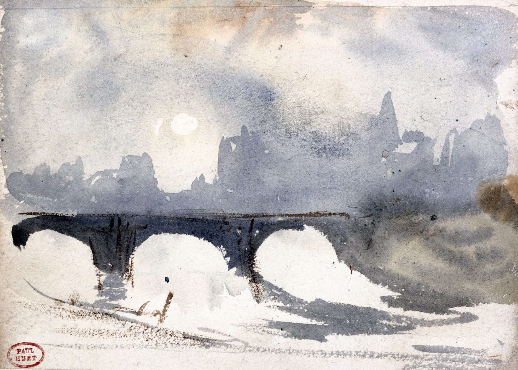 Winter landscape along the Seine featuring Pont Neuf by Paul Huet, oil painting