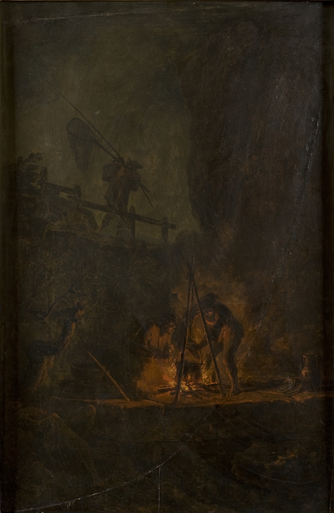 Genre scene depicting men around a campfire in the mountains, oil painting by Pierre-Jacques Volaire