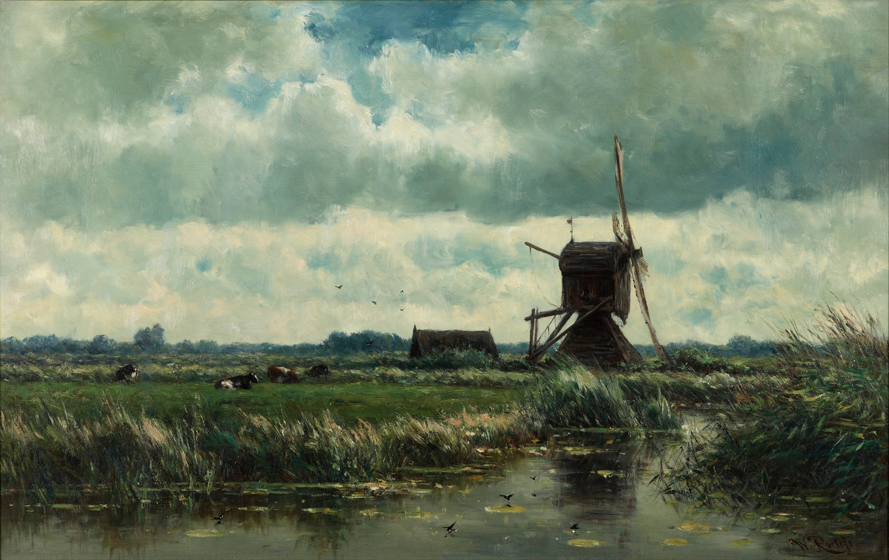 Polder landscape with windmill near Abcoude by Willem Roelofs, oil painting