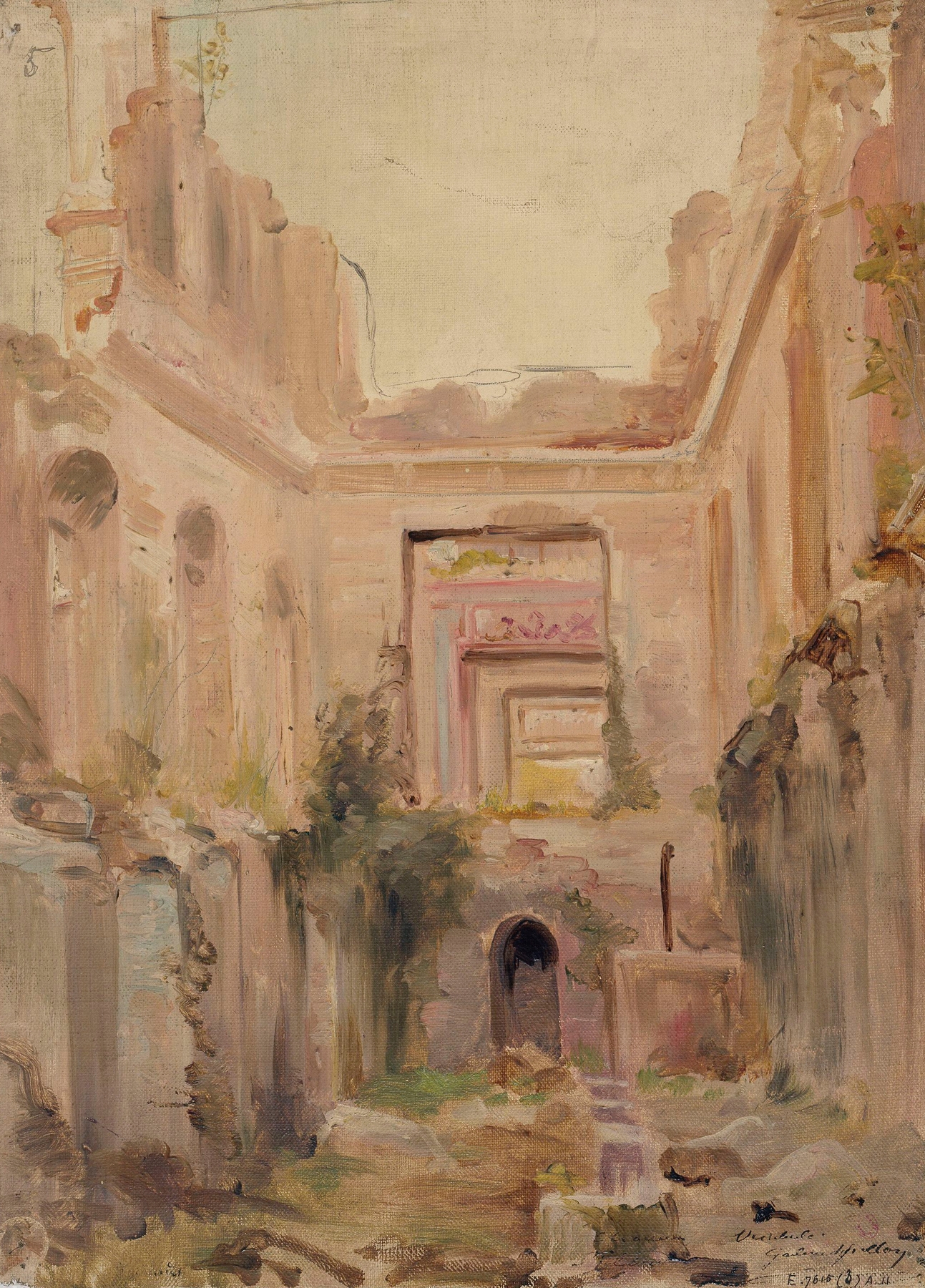 Architecture of ruins in 'Ruines du château de Saint-Cloud; le vestibule' by Jean Baptiste Edmond Allouard
