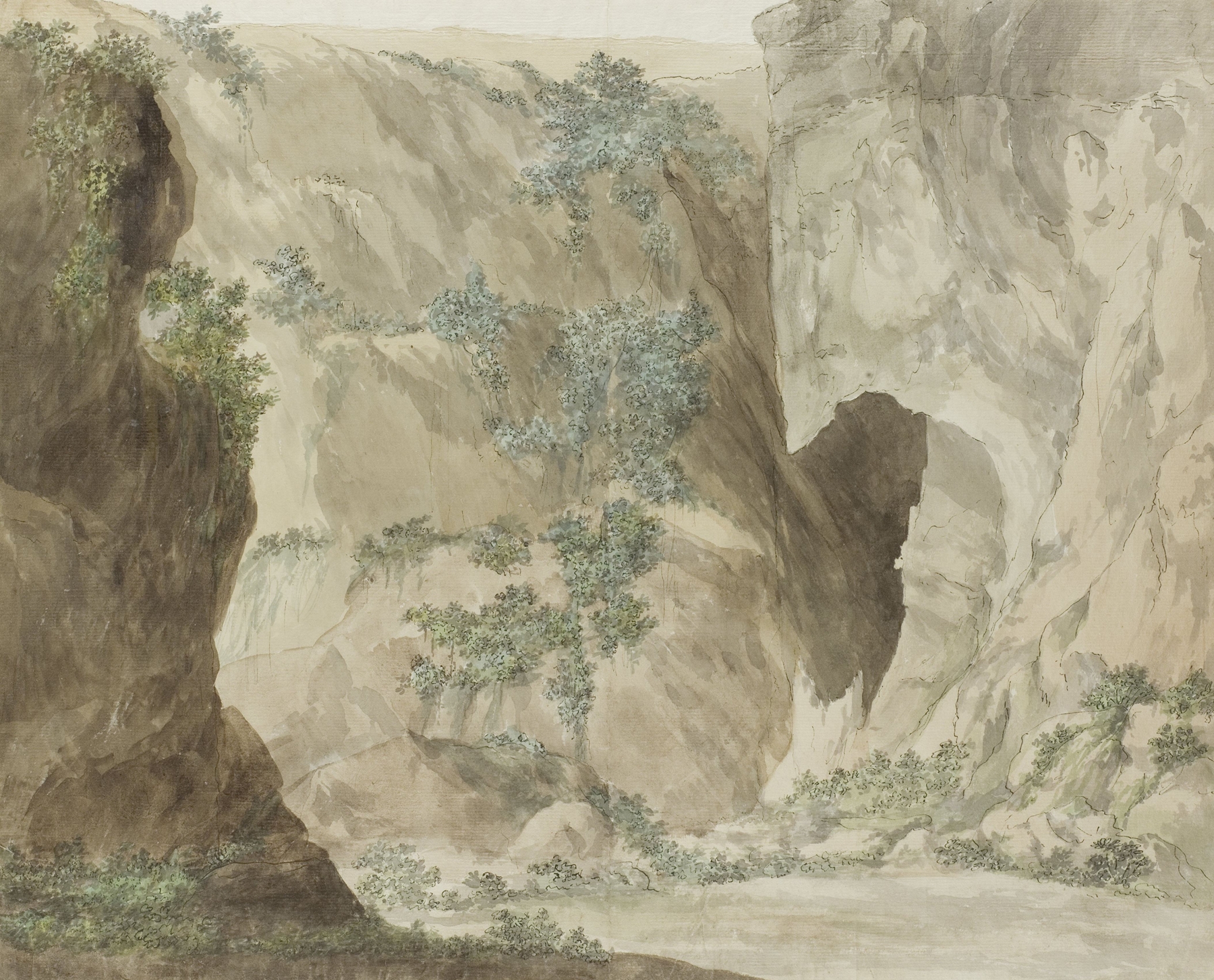 Landscape featuring rugged cliffside by Abraham-Louis-Rodolphe Ducros, 1778, oil painting