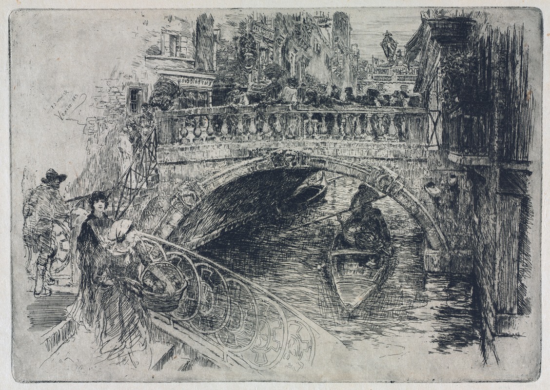 A painting depicting a serene Venetian bridge scene.