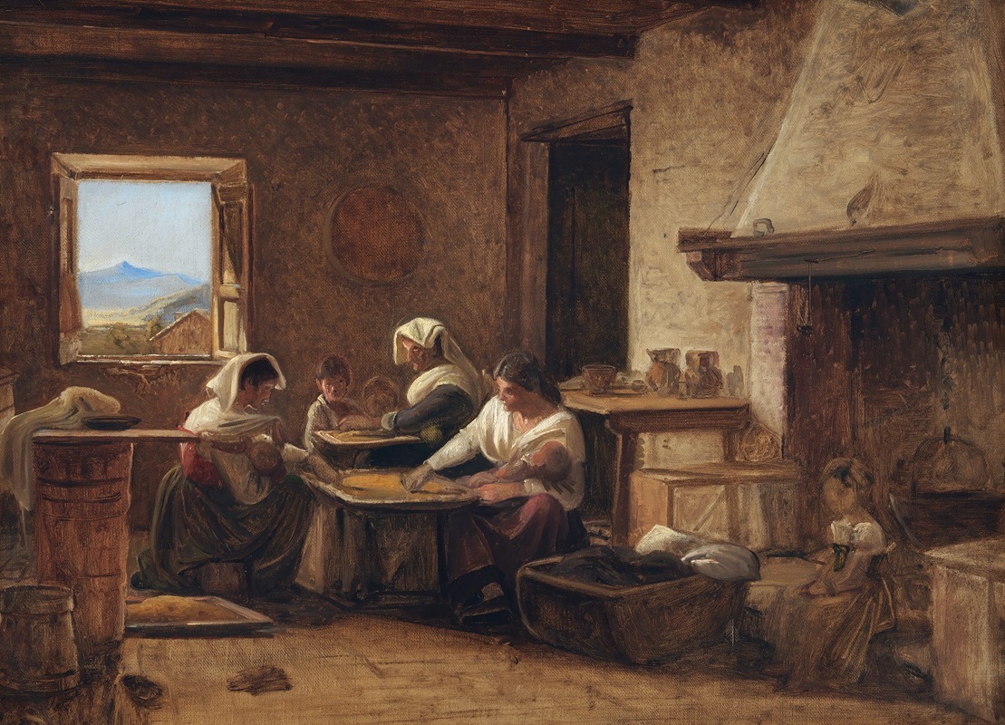 This painting depicts women working in a farmhouse kitchen in Italy.