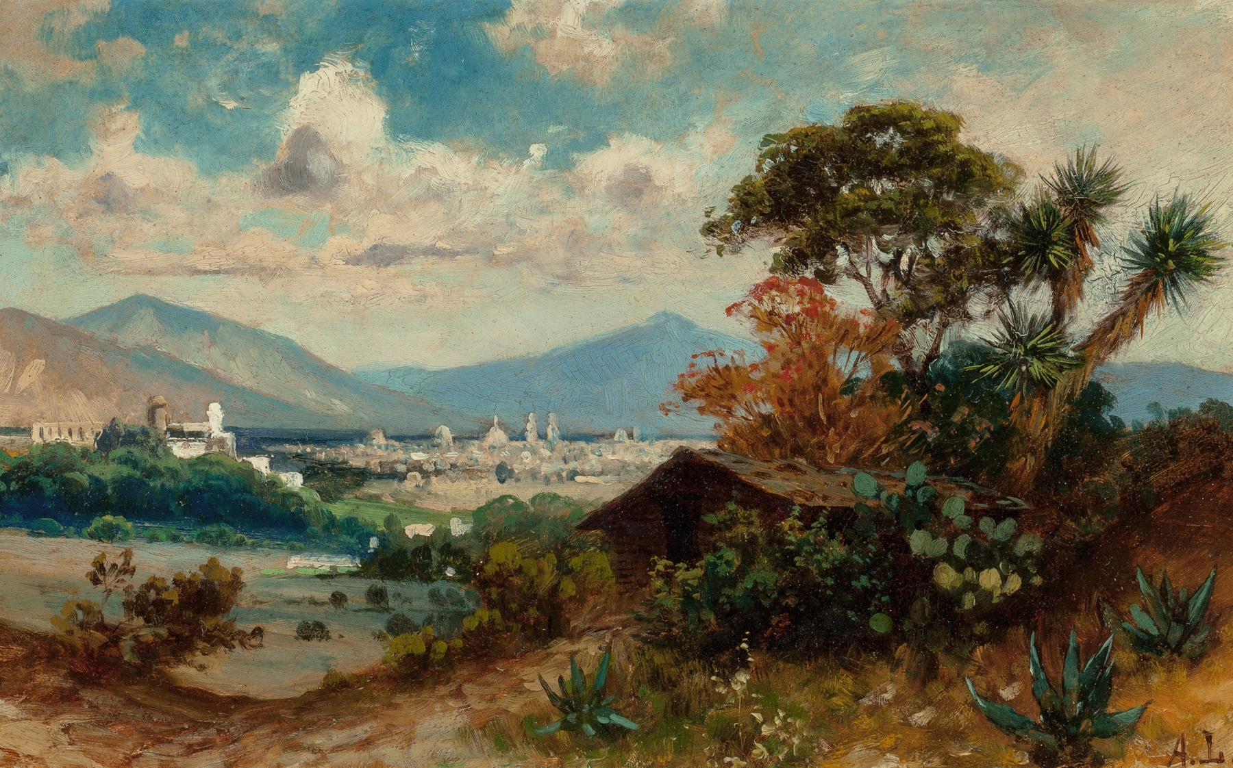 Landscape in vibrant turquoise and terracotta by August Löhr, oil painting
