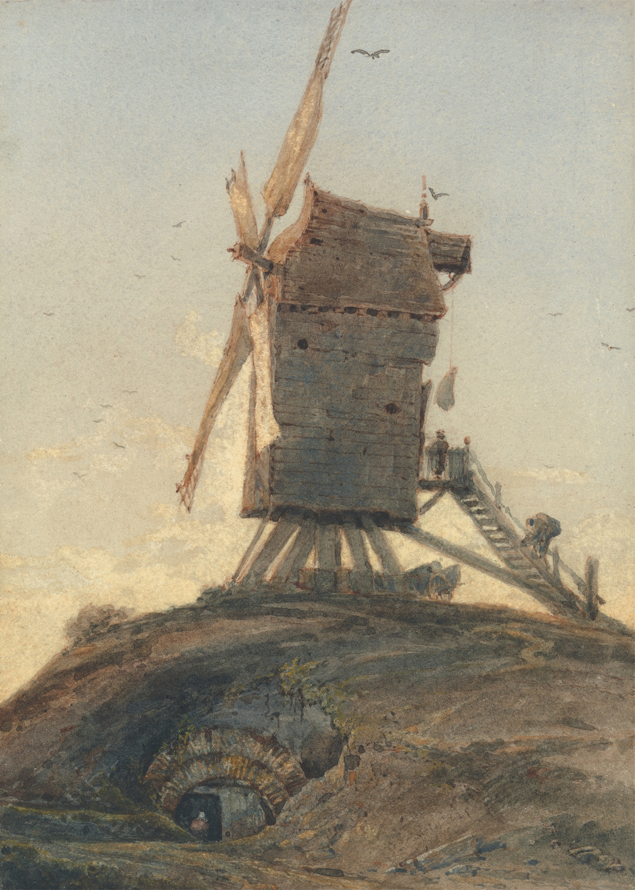Windmill on a knoll in a landscape, oil on canvas by François Louis Thomas Francia