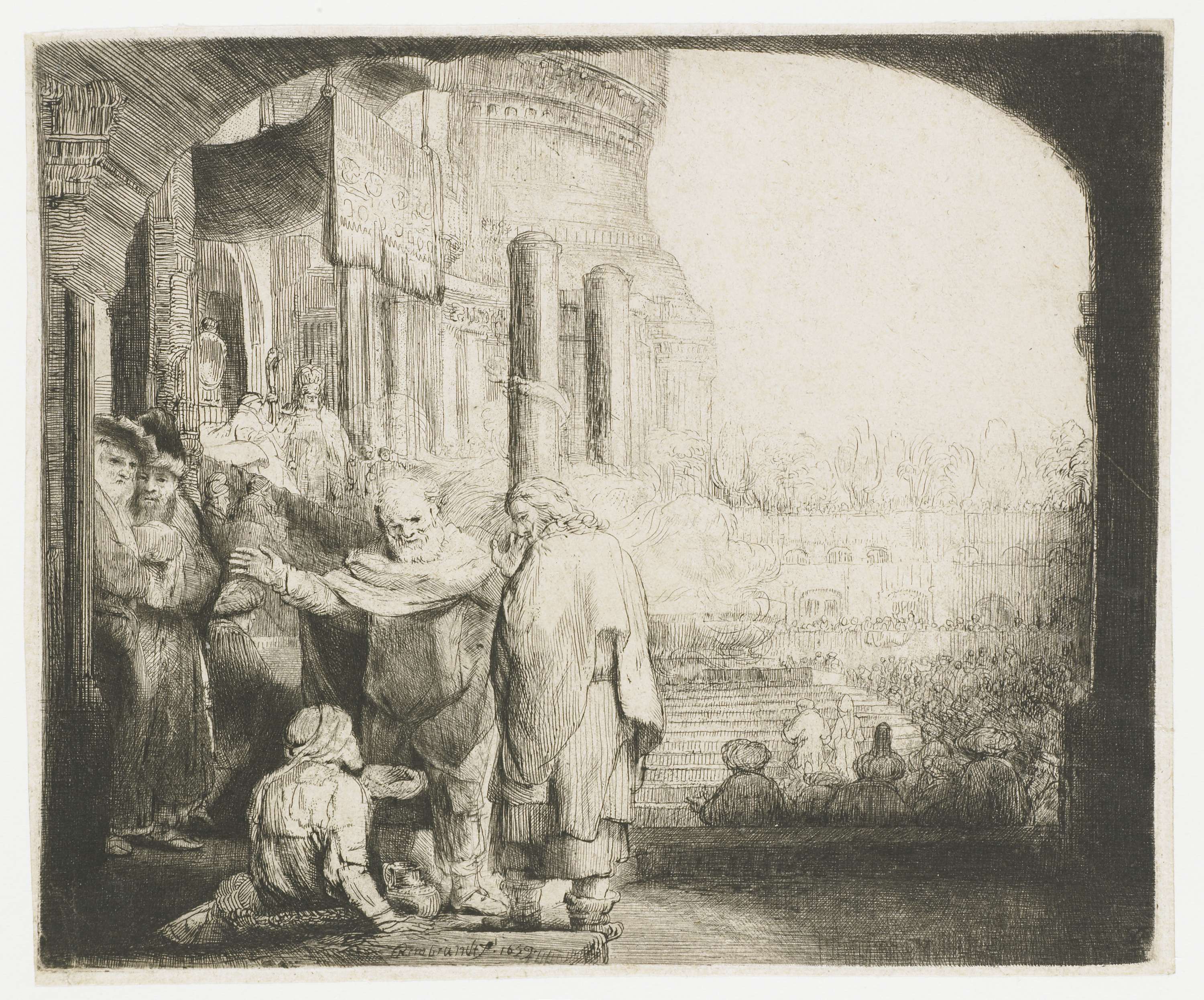 Etching by Rembrandt van Rijn depicting Peter and John healing a paralyzed man at the temple gate.