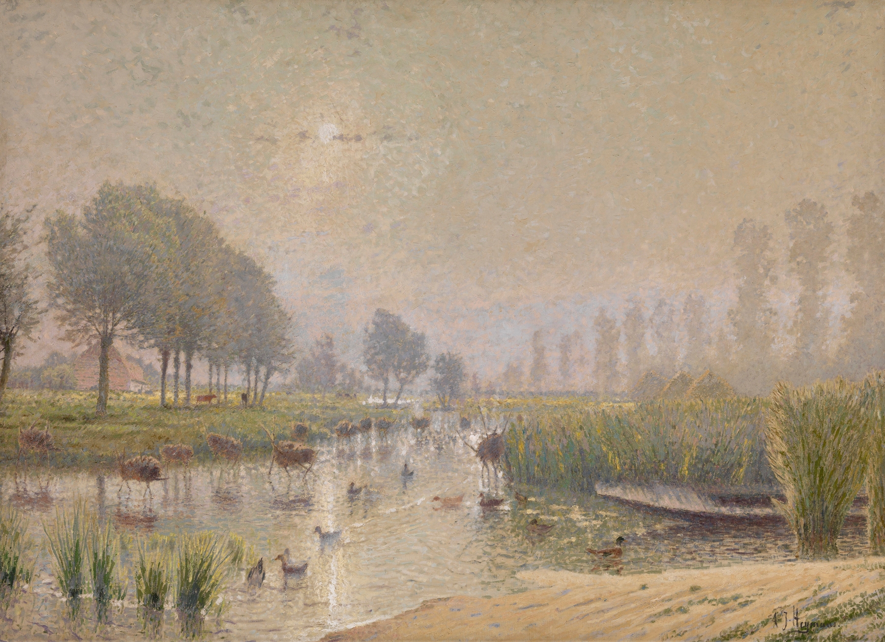 Duck Nests in the Reed, oil on canvas by Adrien-Joseph Heymans, depicting serene water and reeds.