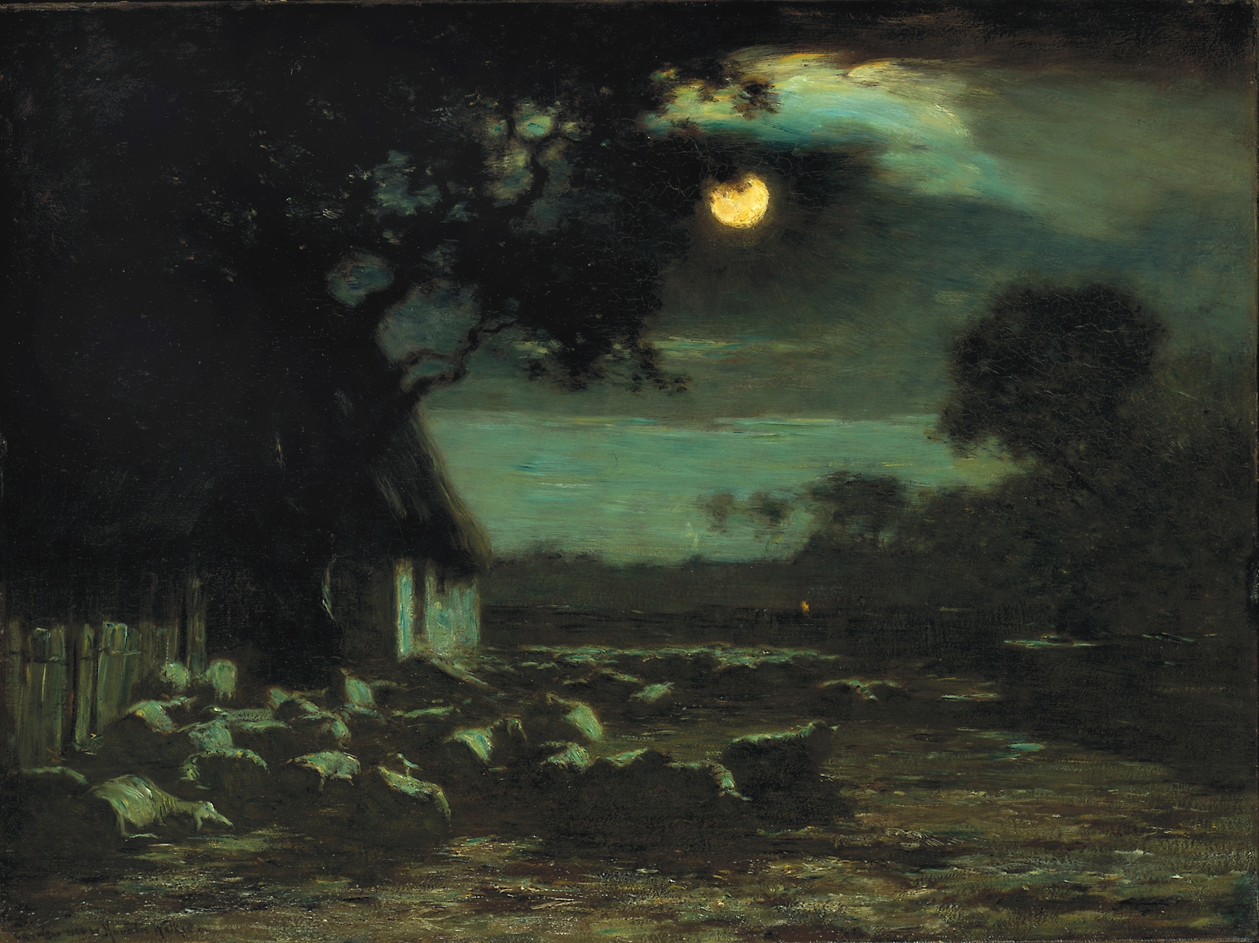 Sheepyard, Moonlight by Horatio Walker, oil on canvas depicting sheep in a serene landscape under moonlight.
