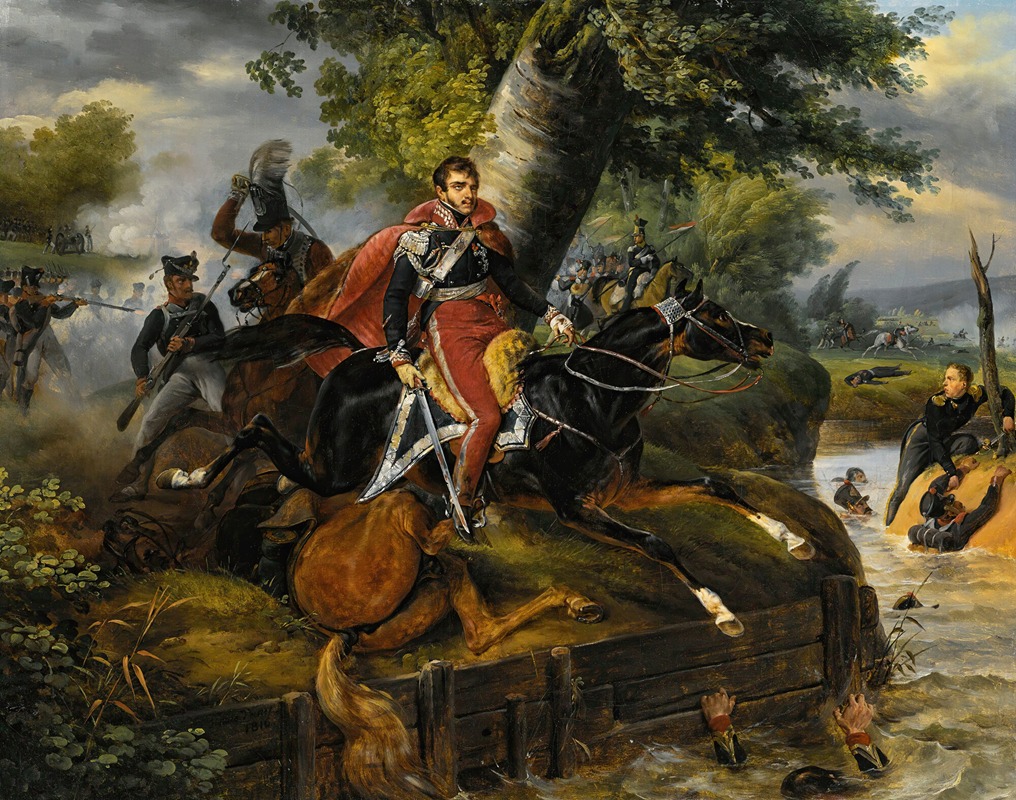 Horace Vernet's painting depicts the dramatic moment of Prince Poniatowski's death.