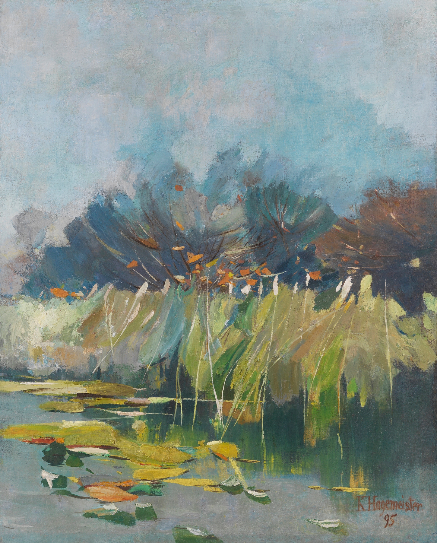Oil painting by Karl Hagemeister depicting a tranquil river scene with reflections and soft sunlight.