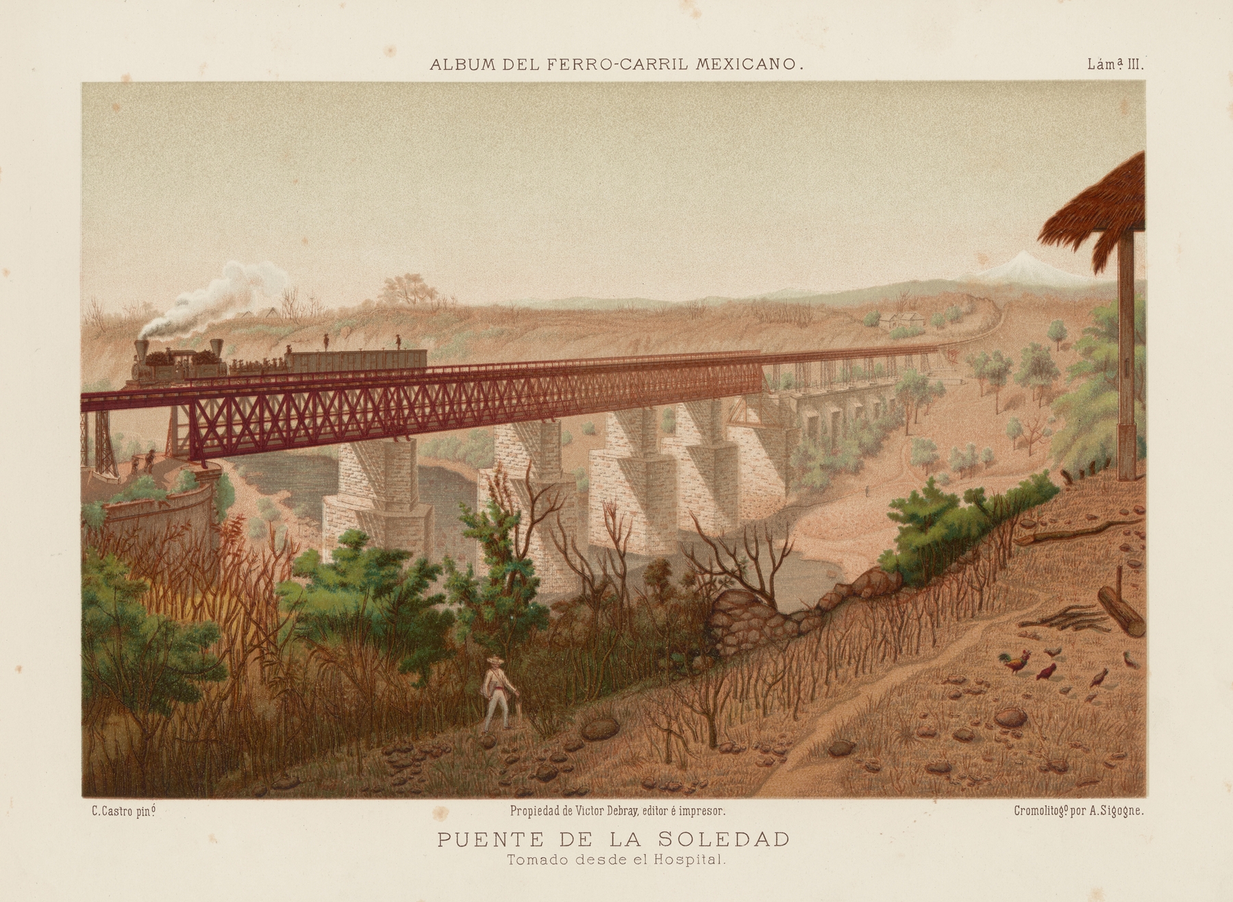 Engraving by Casimiro Castro depicting a bustling urban scene with a bridge and figures.