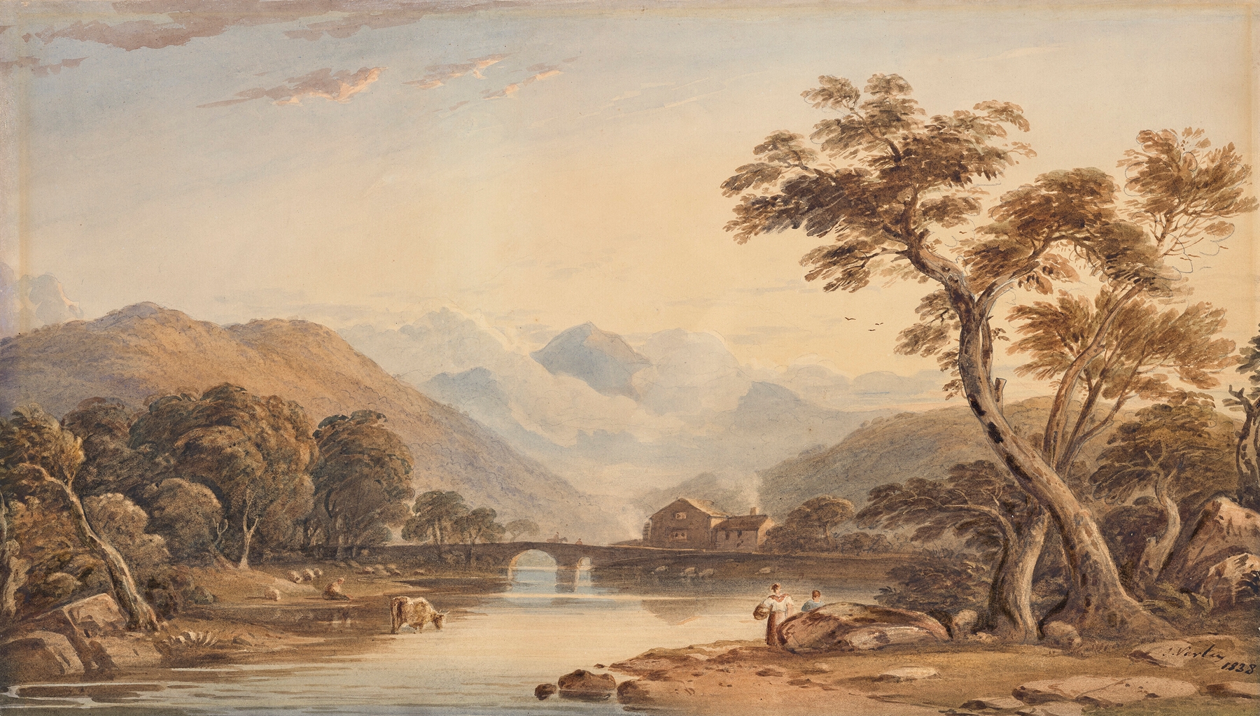 Beddgelert Bridge with Snowdon beyond, oil painting by John Varley