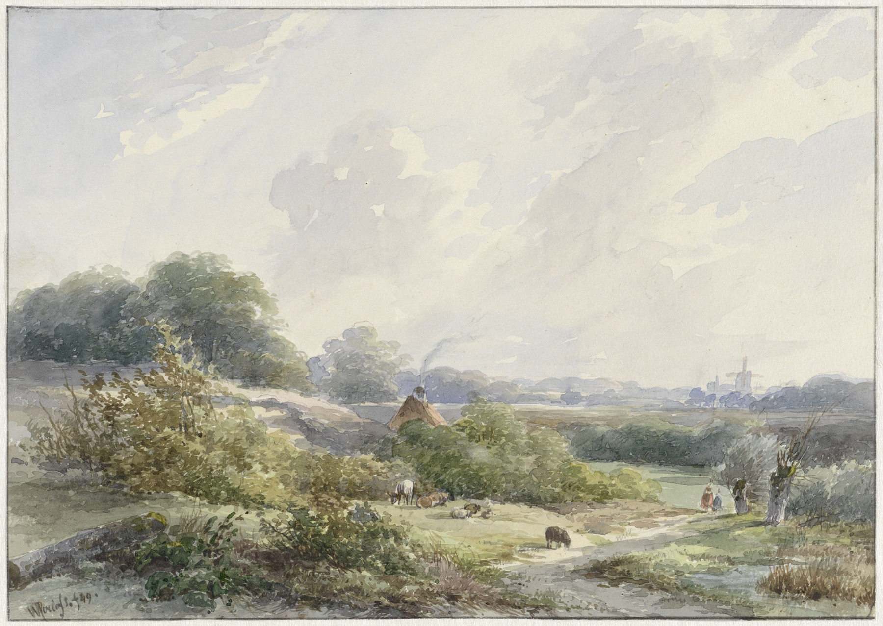 Landscape with farmhouse and cattle, oil on canvas by Willem Roelofs