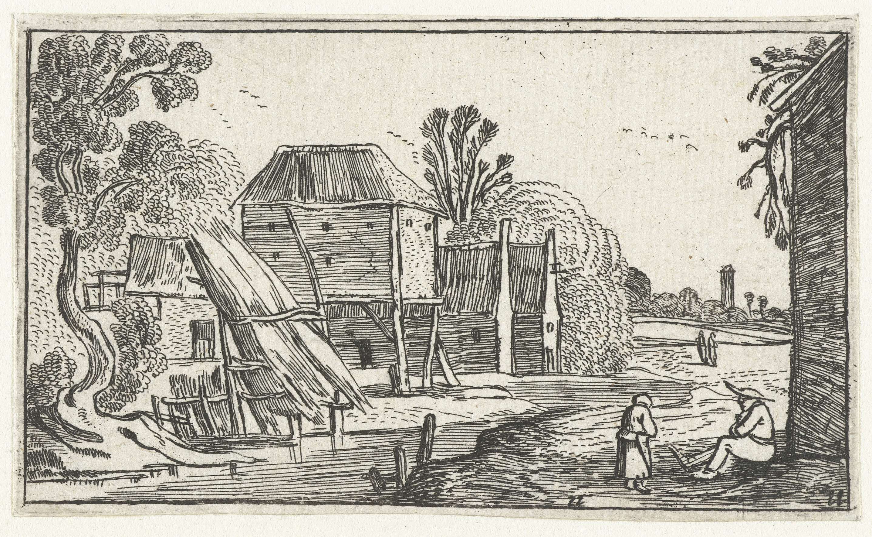 Etching by Unknown Artist depicting a farmstead on stilts over water