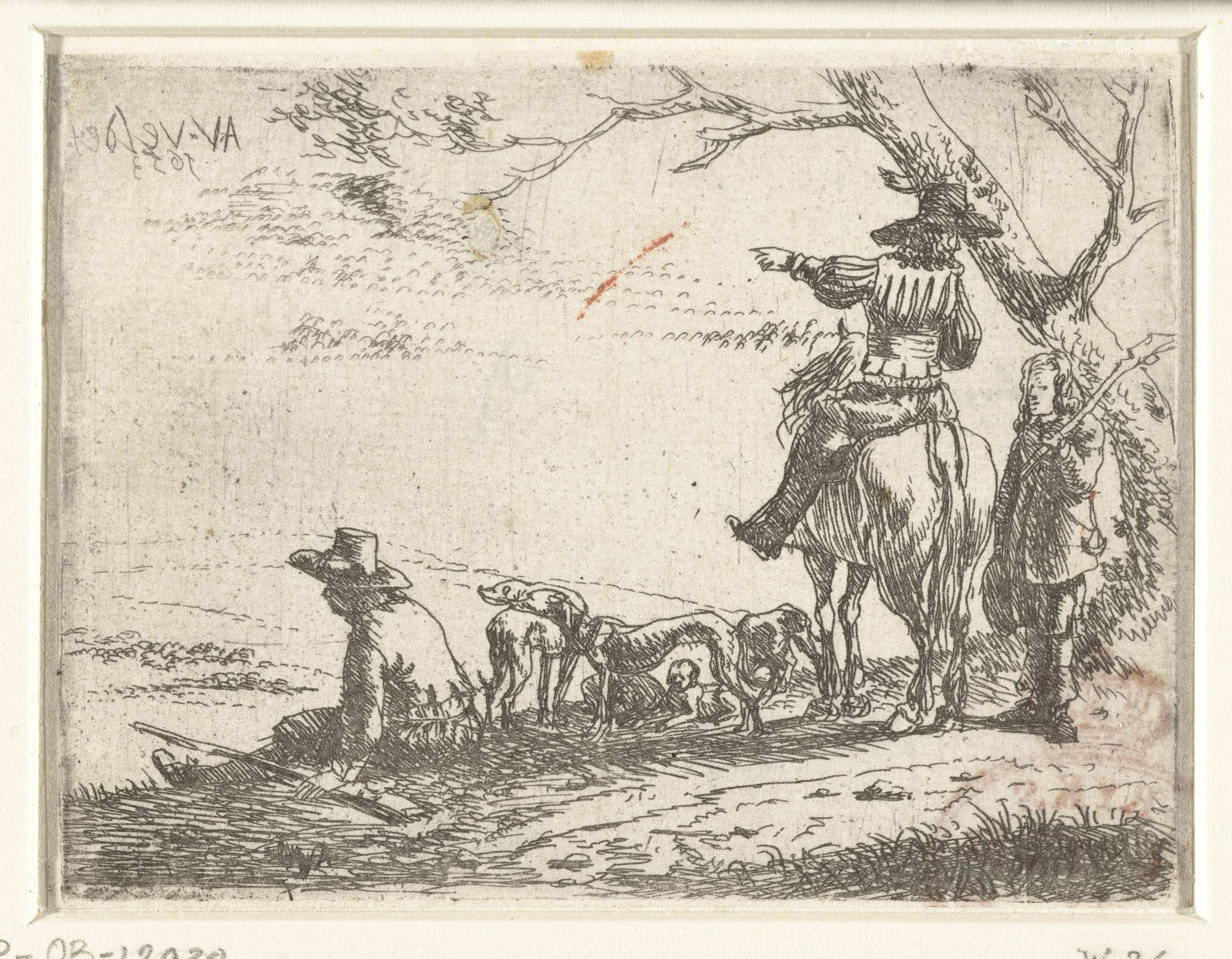 Drie jagers met honden, by Adriaen van de Velde, public domain