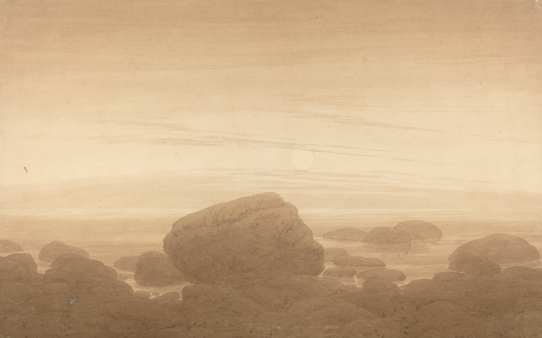 Moonlit landscape with shore and water reflection, oil painting by Caspar David Friedrich
