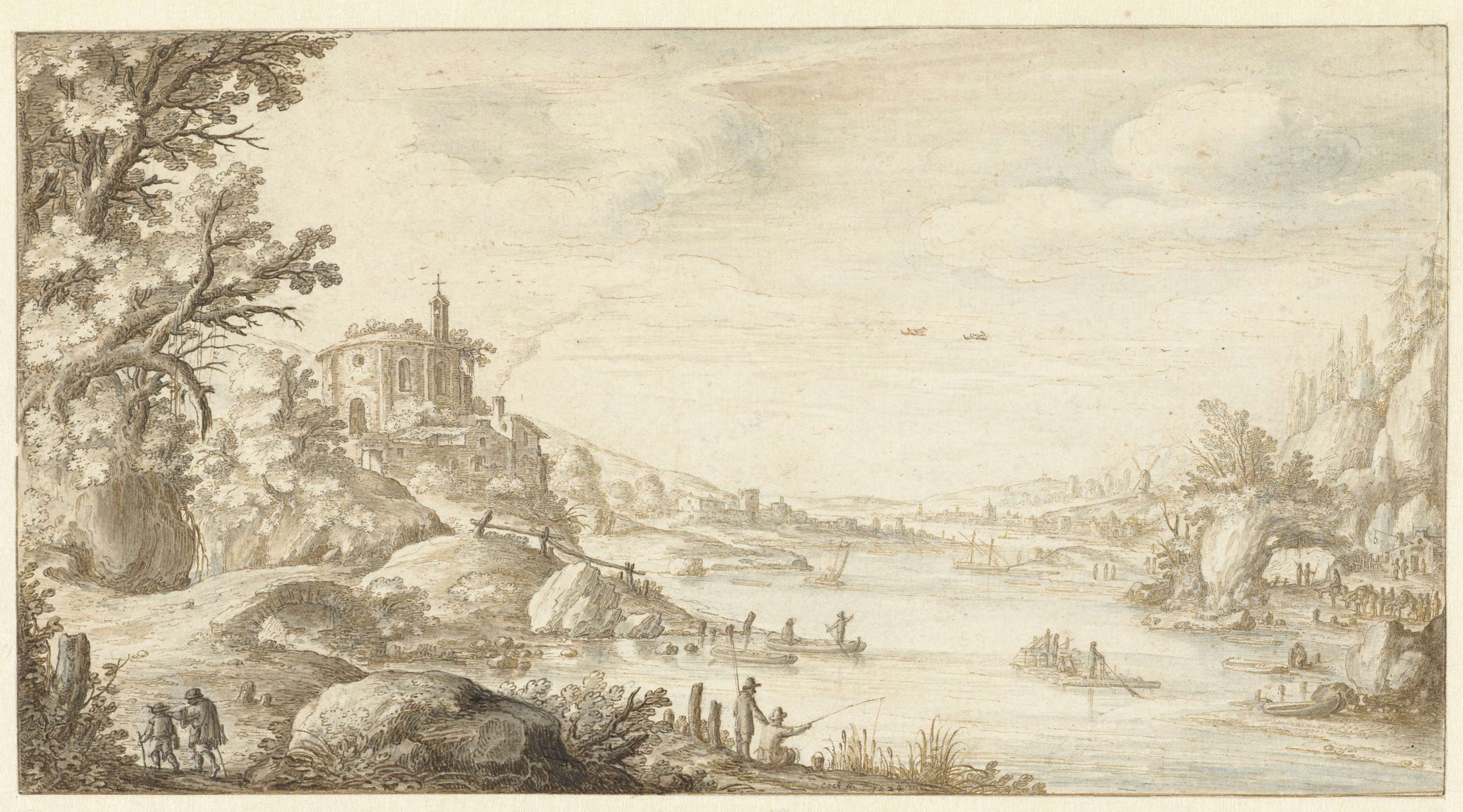 Hilly landscape with a round chapel by Marten de Cock, oil painting