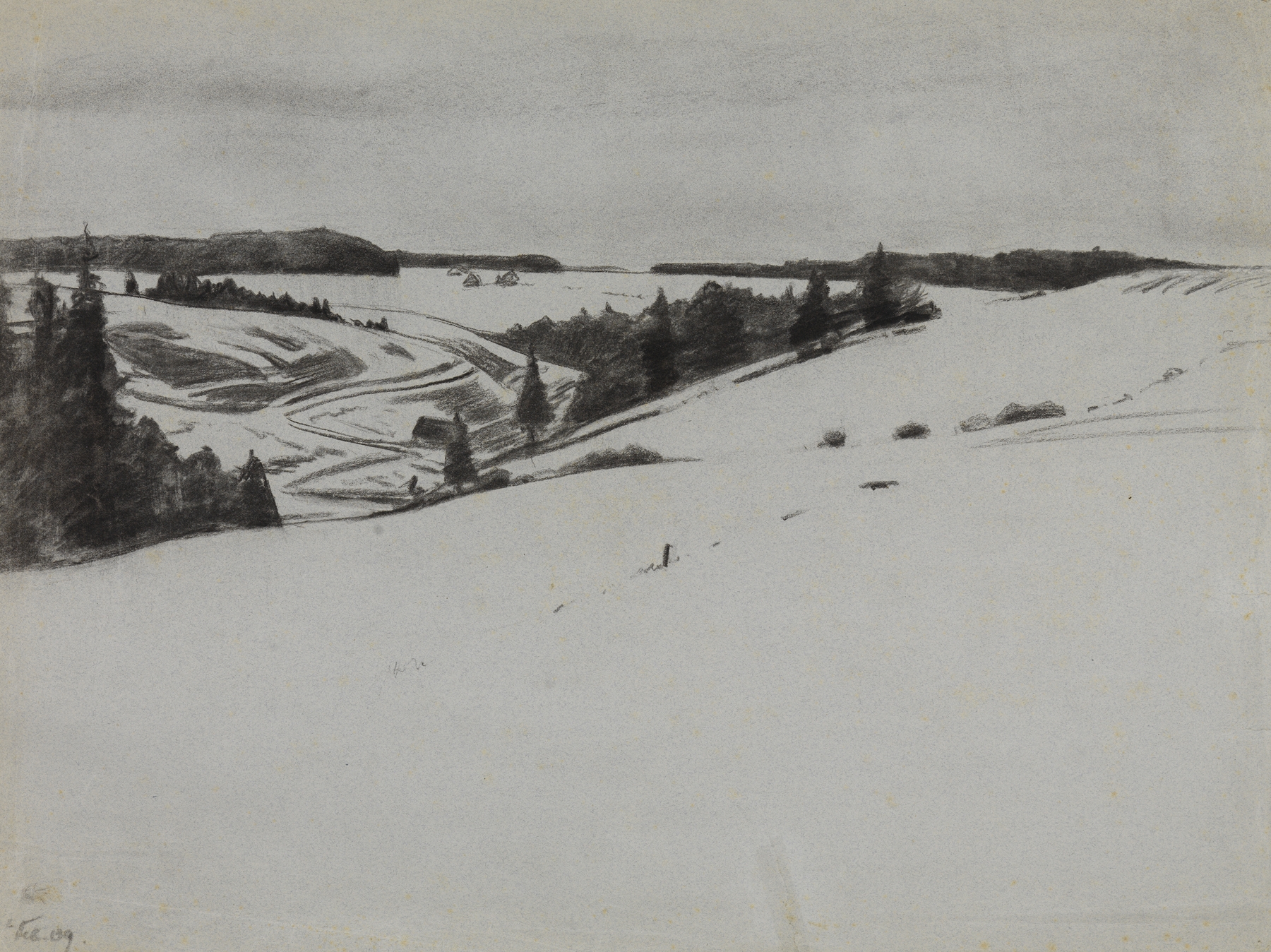 Winter landscape with snow by Gustav Kampmann, oil on canvas