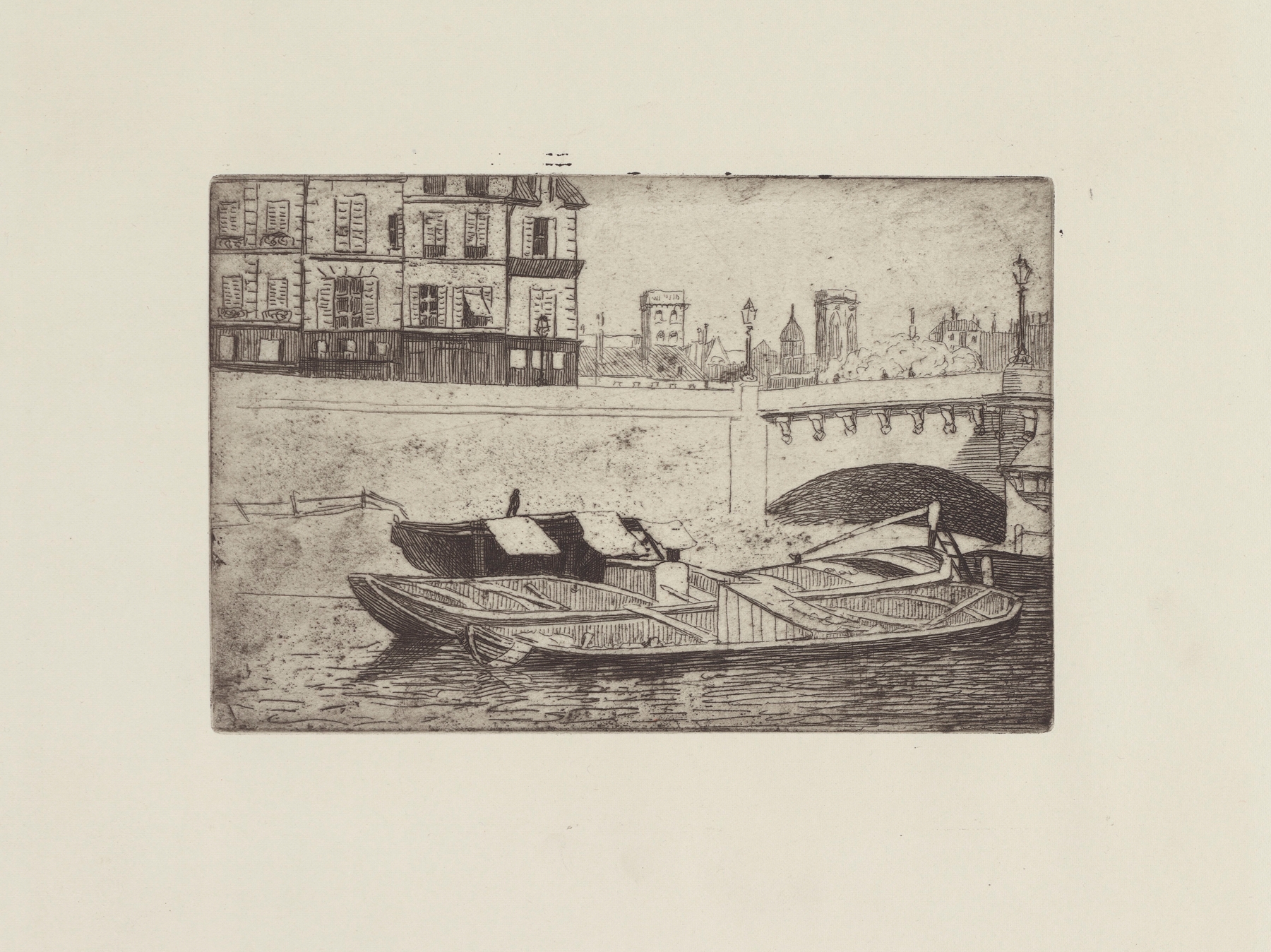Péniches au Pont-Neuf by Félix Vallotton, oil painting depicting boats on the Seine with Pont-Neuf in the background.