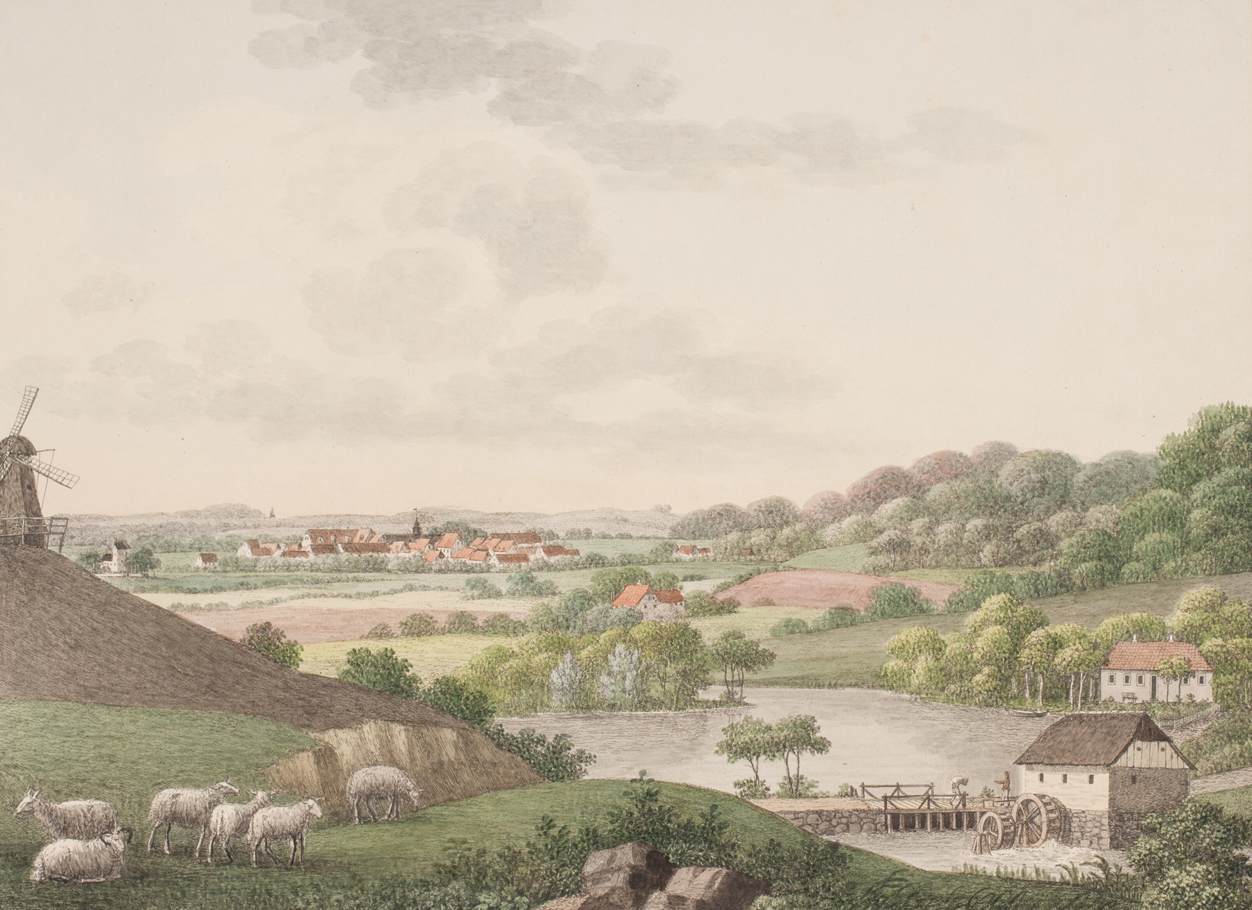 Oil painting by Søren L. Lange depicting quaint houses and open space