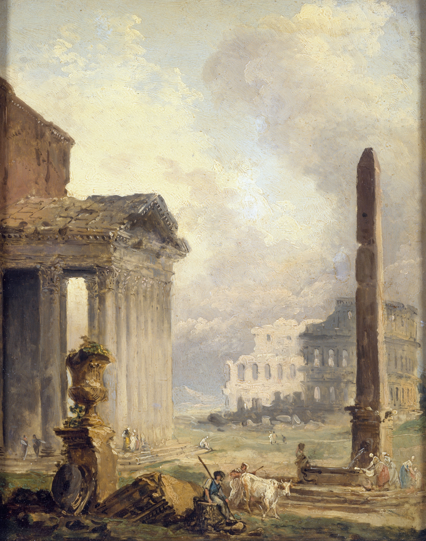 Ruines romaines, le Forum avec le Colisée et l’Obélisque, by Hubert Robert, public domain