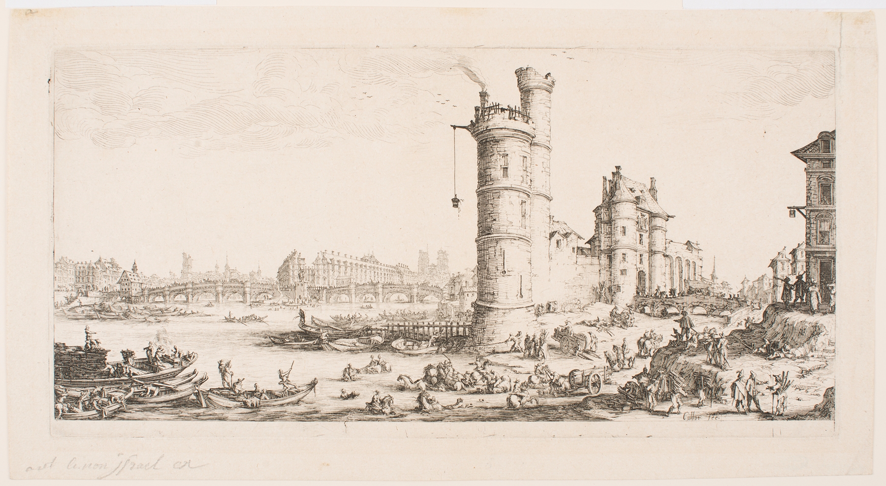 The Large Views of Paris; View of the Pont-Neuf, by Jacques Callot, public domain