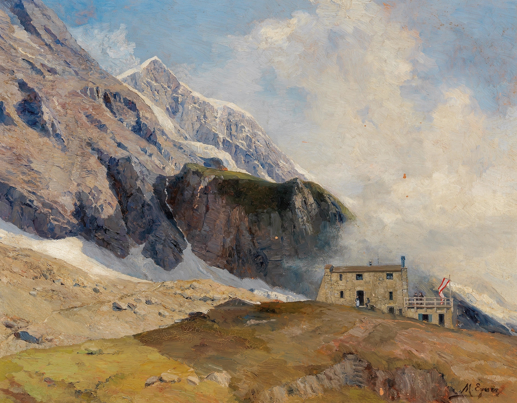 Landscape with mountains and a cabin by Marie Egner, oil painting