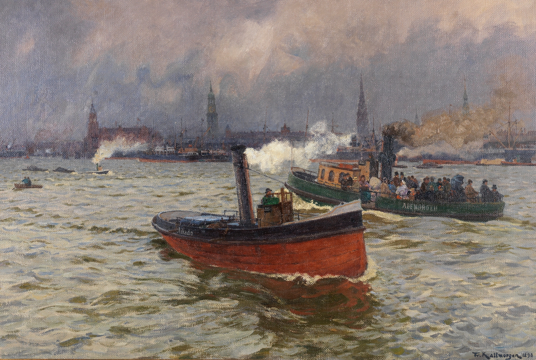 Heranziehendes Wetter im Hamburger Hafen, by Friedrich Kallmorgen, public domain