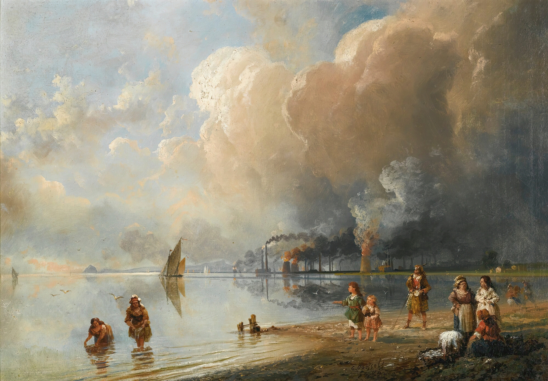 Landscape of the Forth River at dusk, oil painting by Carlo Bossoli