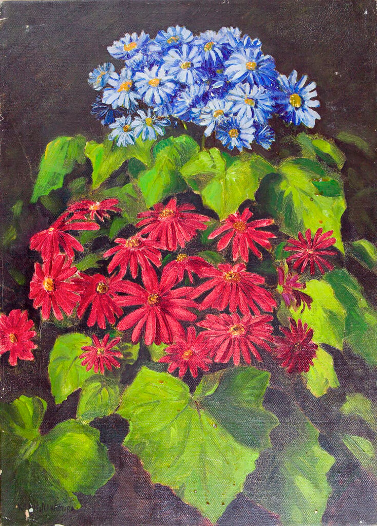 Oil painting of vibrant flowers by Kanji Nakamura