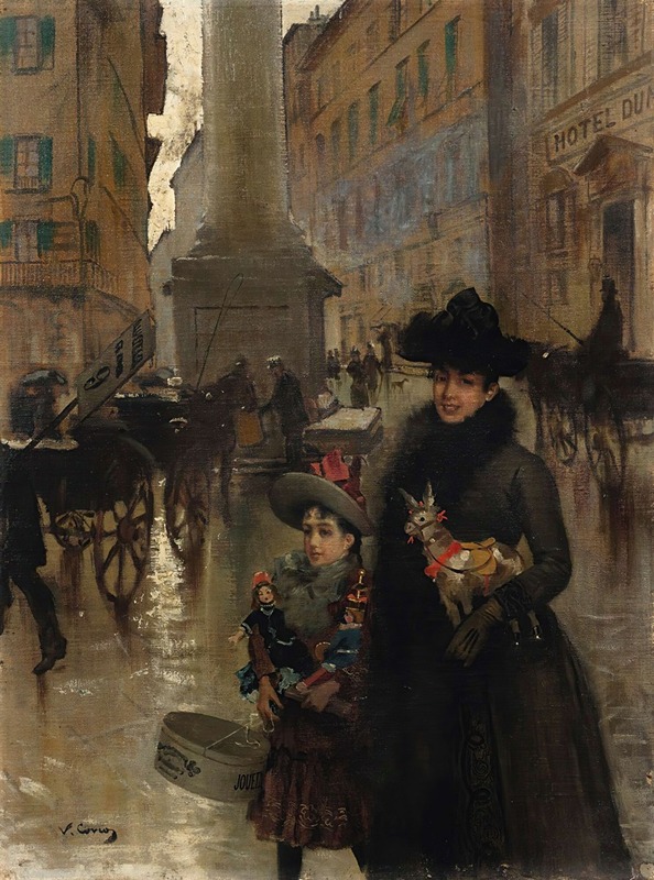 A detailed depiction of Piazza Santa Trinità in Florence by Vittorio Matteo Corcos.