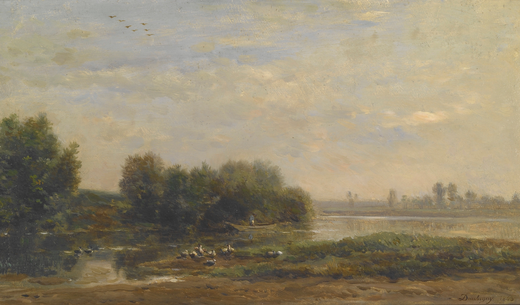 On the Oise by Charles François Daubigny, oil painting depicting a river landscape with reflections and golden light.