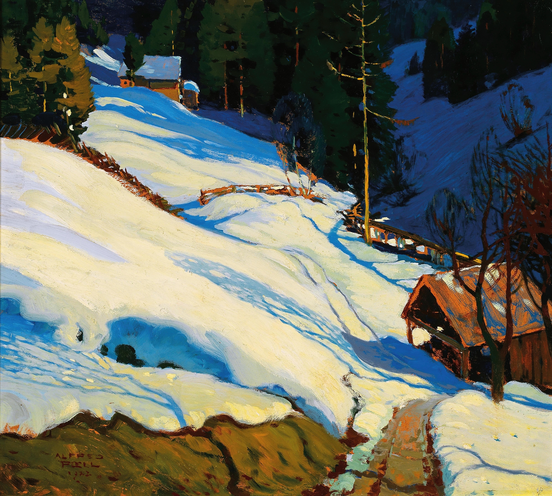 Winter landscape by Alfred Poell, oil on canvas showing snow-covered hills under a pale blue sky.