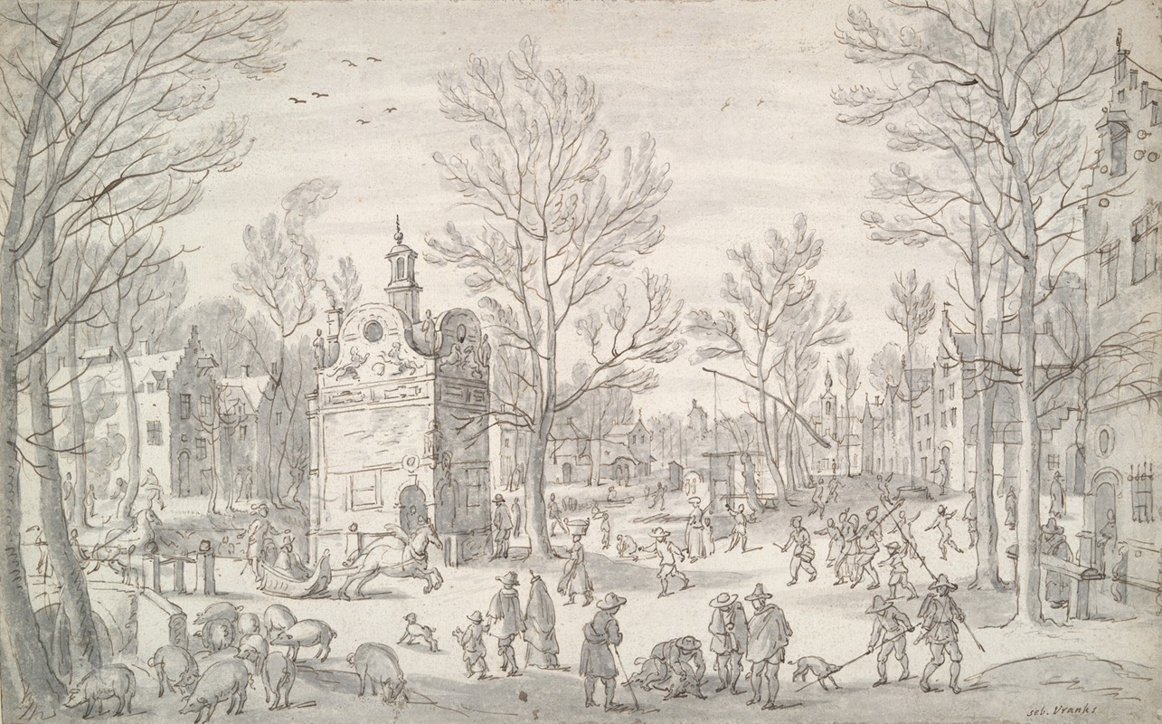 A winter scene depicting a bustling city covered in snow.