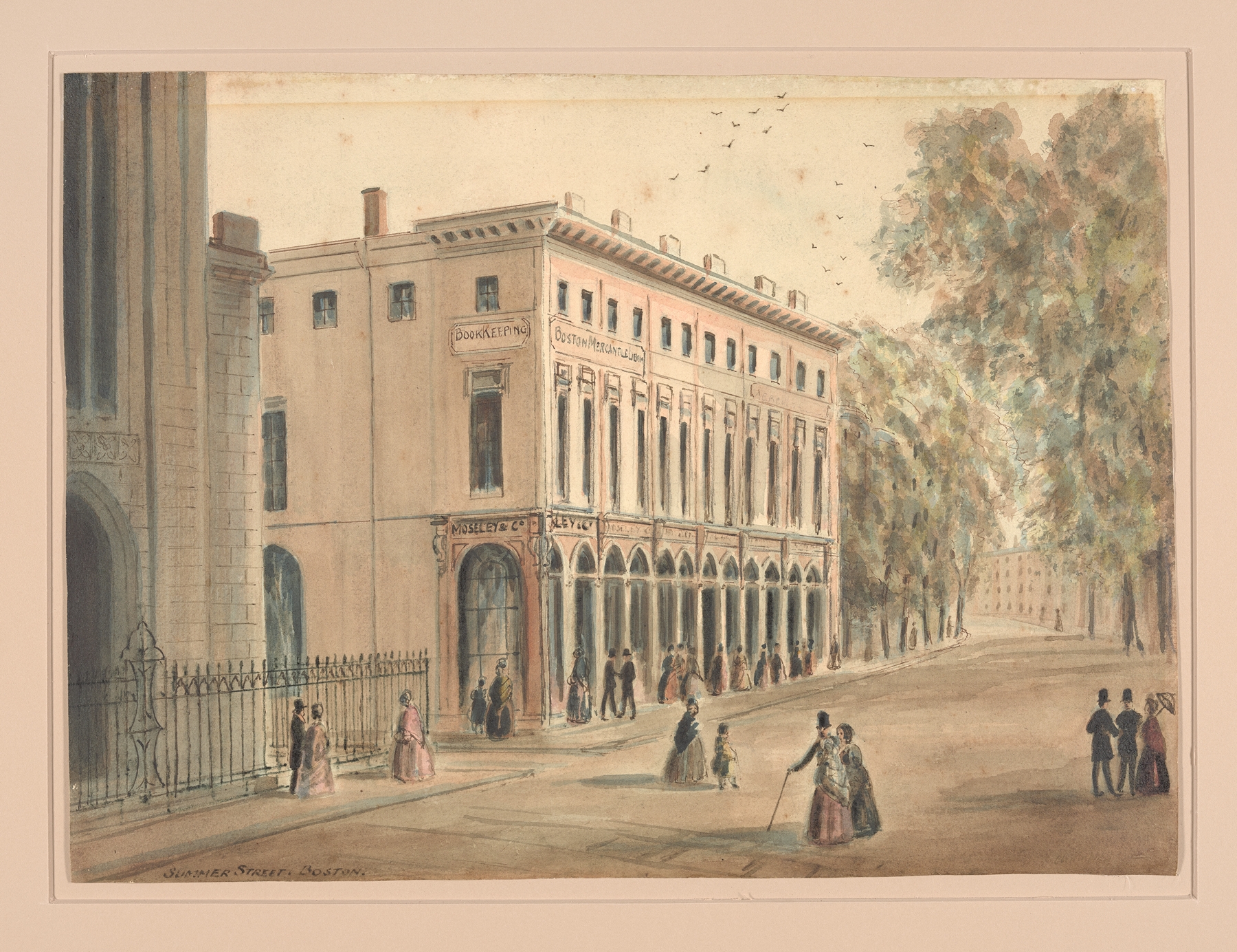 Summer Street by Benjamin Champney, lace medium, depicting a sunlit street lined with trees.