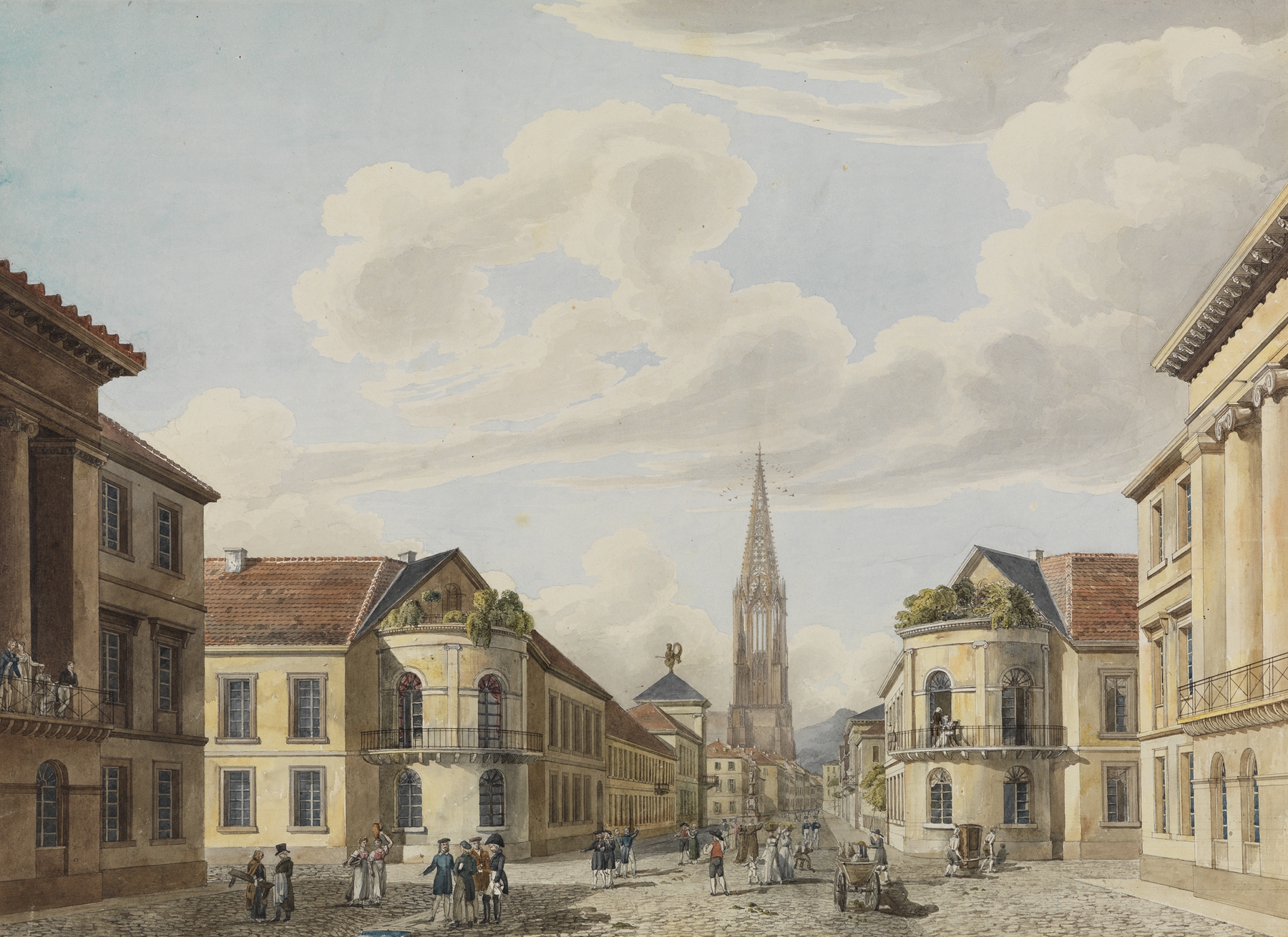 Blick von der Zähringer Vorstadt in die Stadtmitte von Freiburg, by Carl Ludwig Frommel, public domain