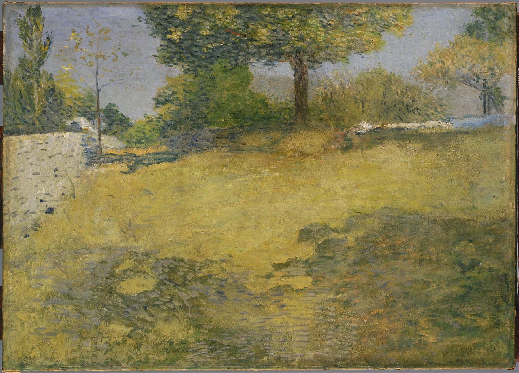 Landscape with a high pasture, sunlight, and trees by Julian Alden Weir, oil painting