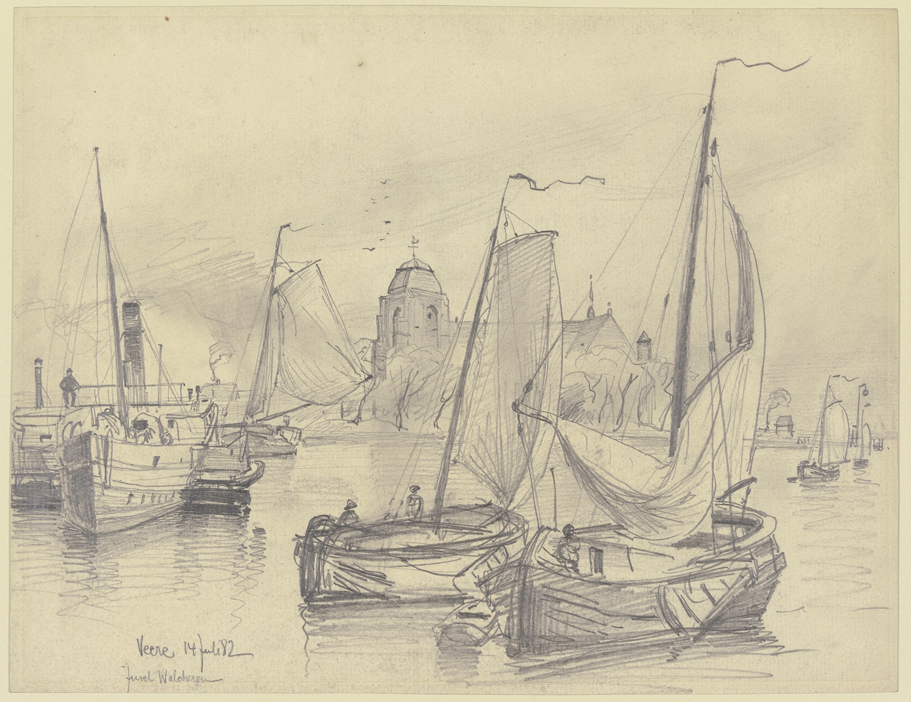 Oil on canvas by Friedrich Ernst Morgenstern depicting boats in the port of Veere with shimmering water.