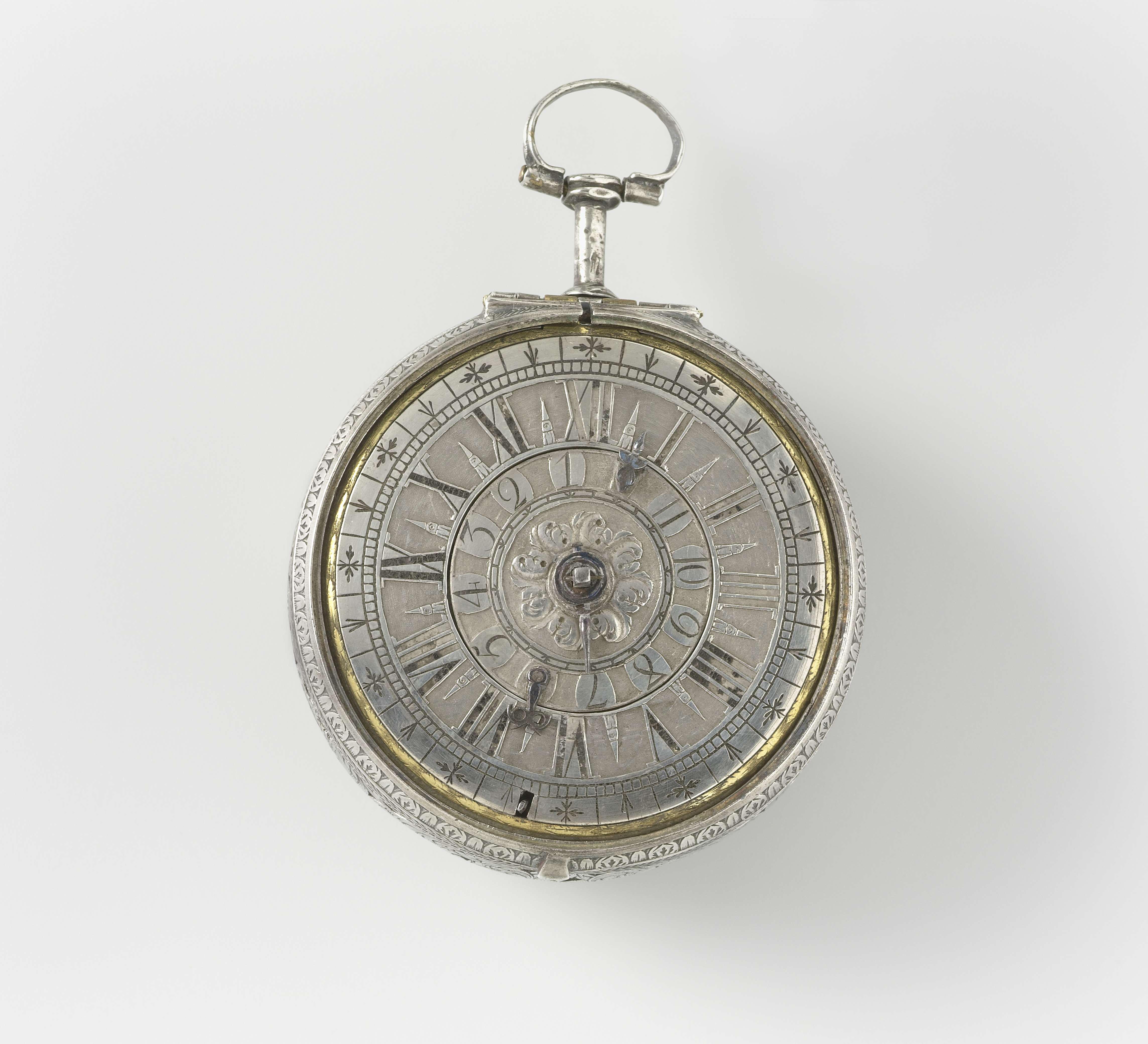 Decorative art featuring a pocket watch by Pieter Klock, showcasing intricate engravings and polished metal.