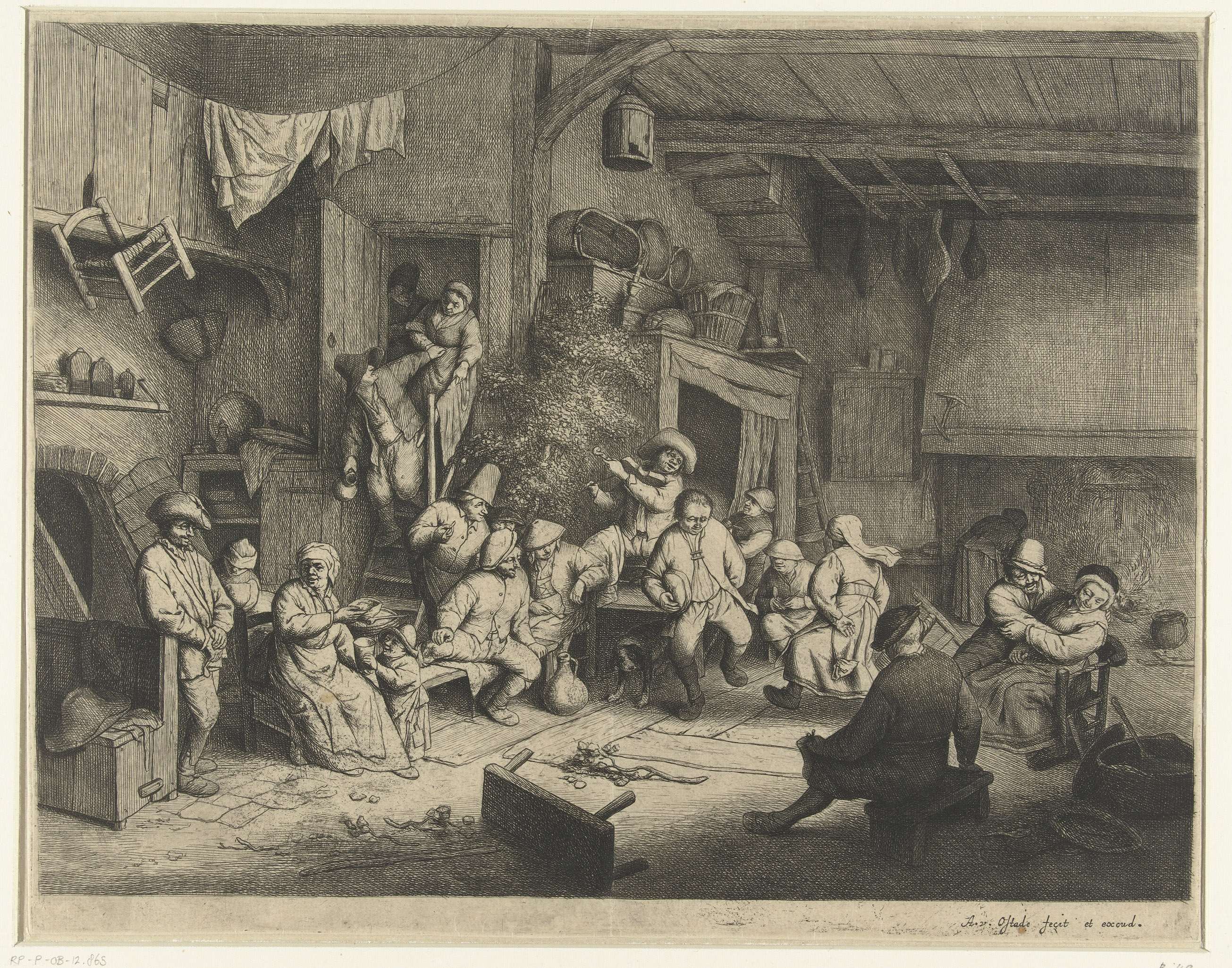 Etching by Adriaen van Ostade depicting figures dancing in a rustic inn