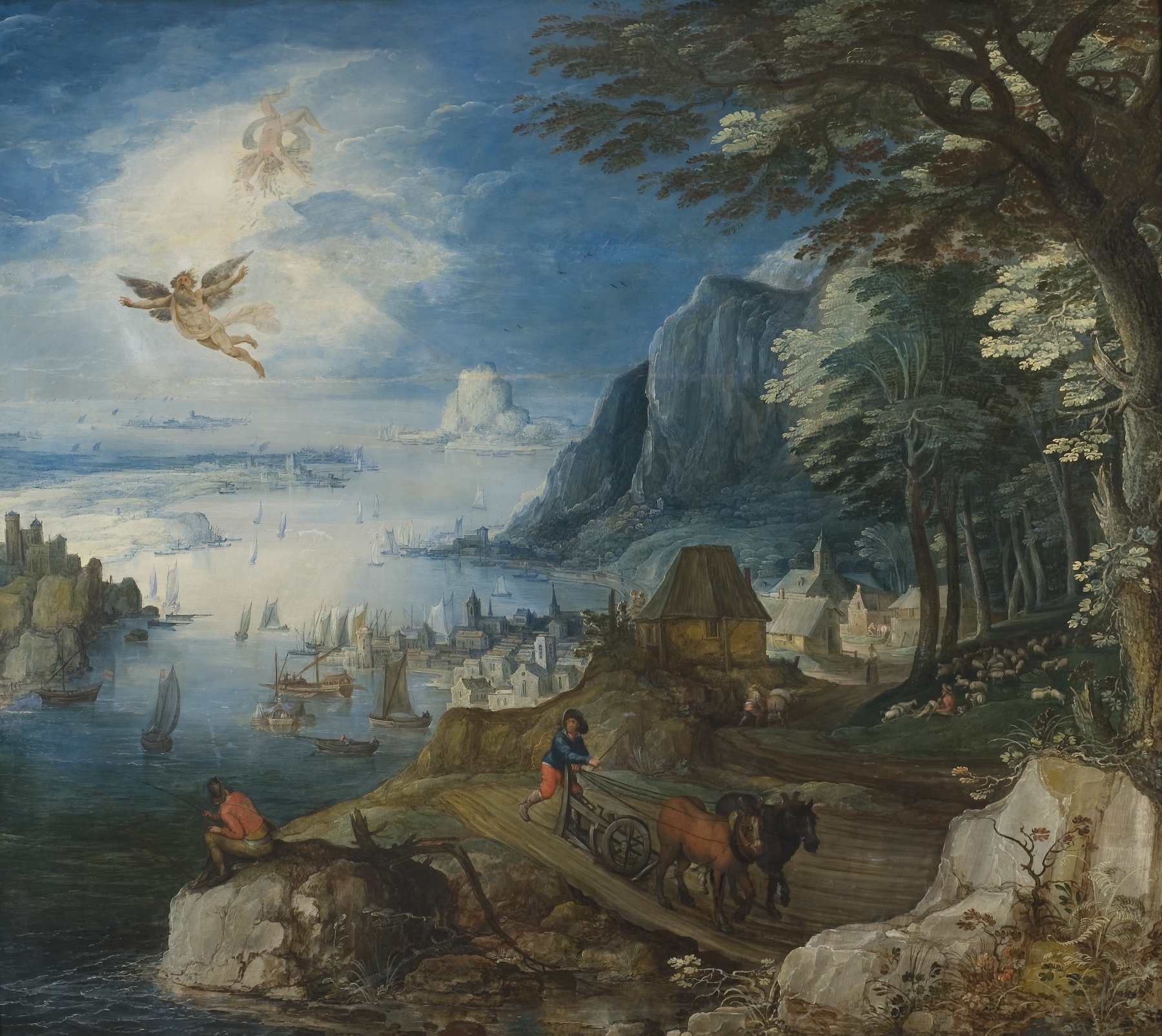 Landscape with the Fall of Icarus, oil on canvas by Joos de Momper, featuring a figure plowing.