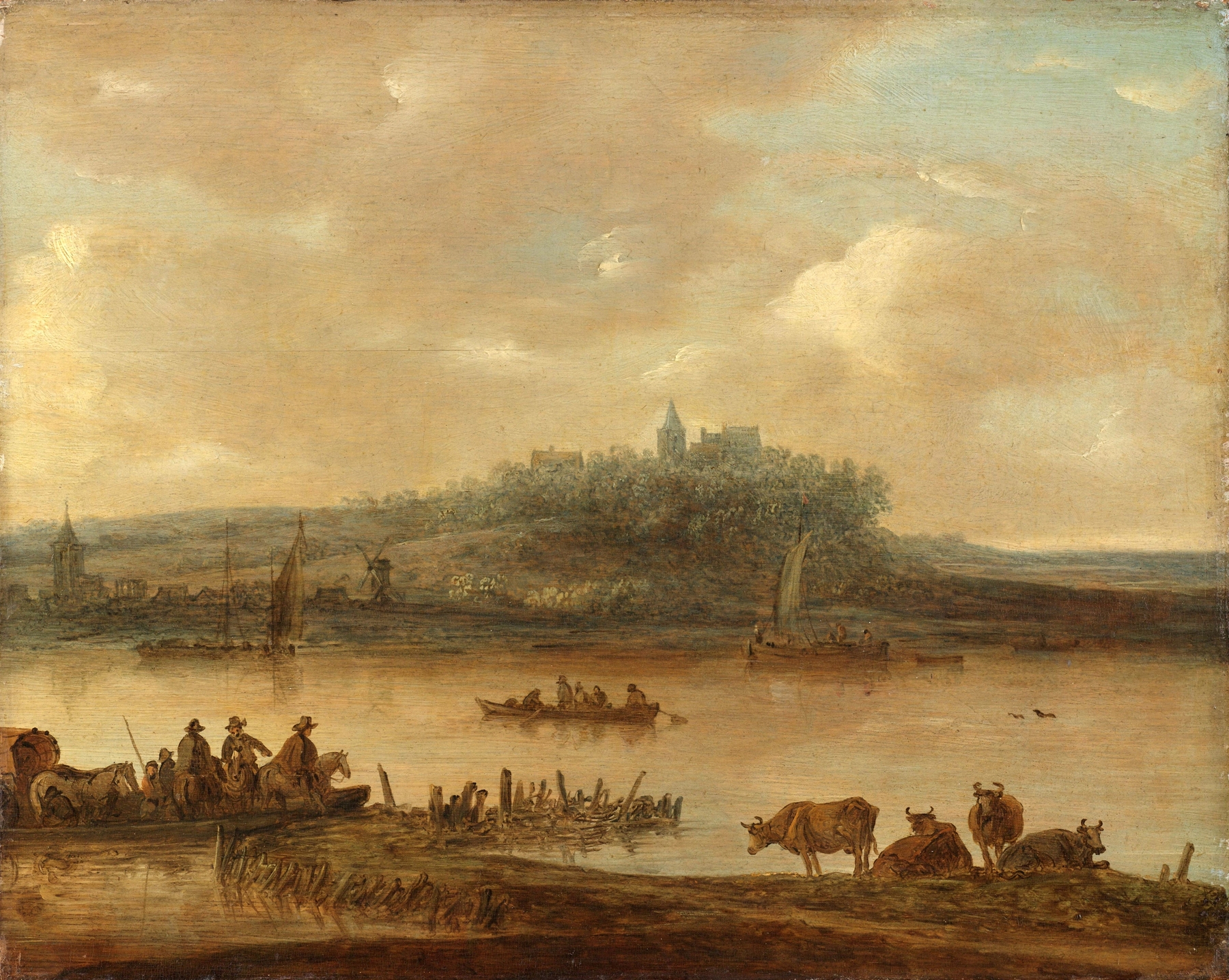 Landscape oil painting by Jan van Goyen featuring the Rhine and Elterberg