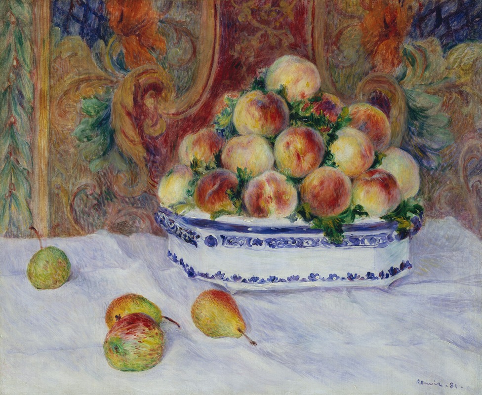A vibrant still life painting featuring peaches.