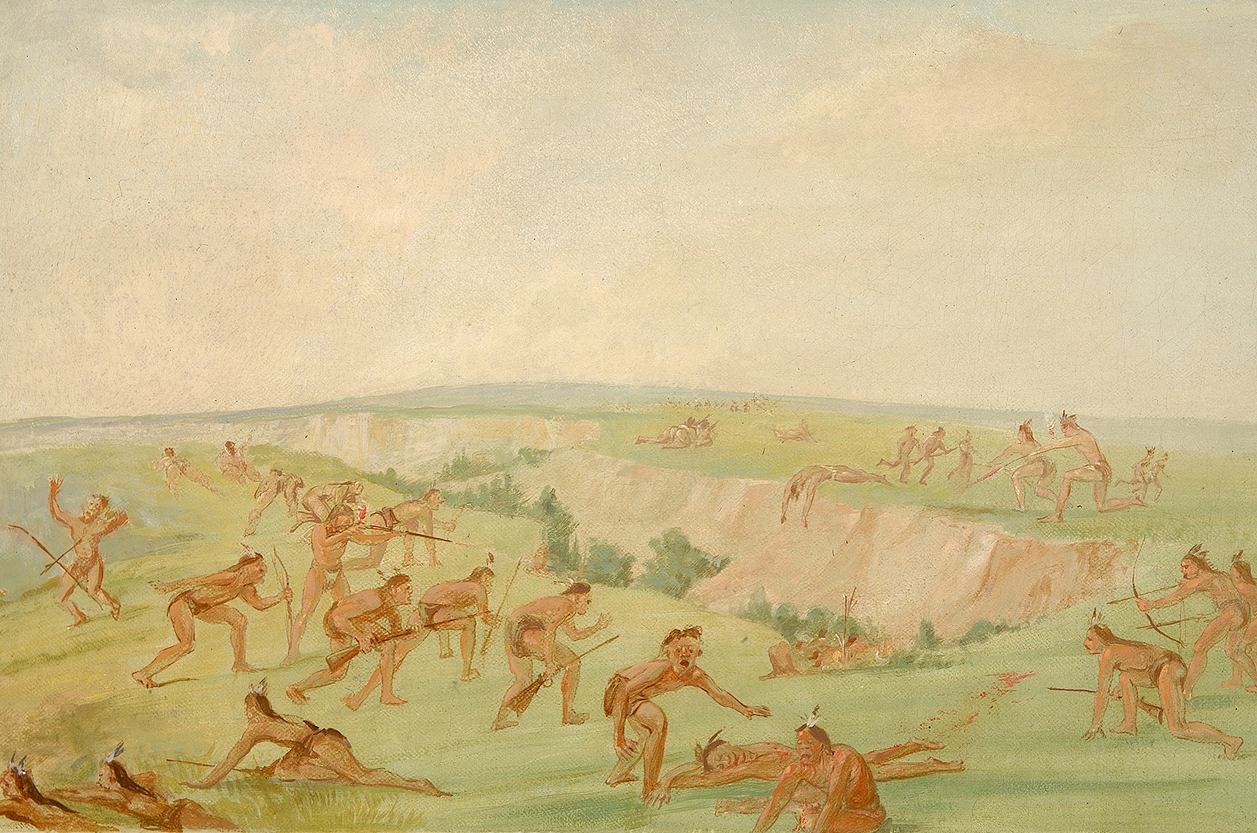 Mandan warriors attacking Arikara, oil on canvas by George Catlin