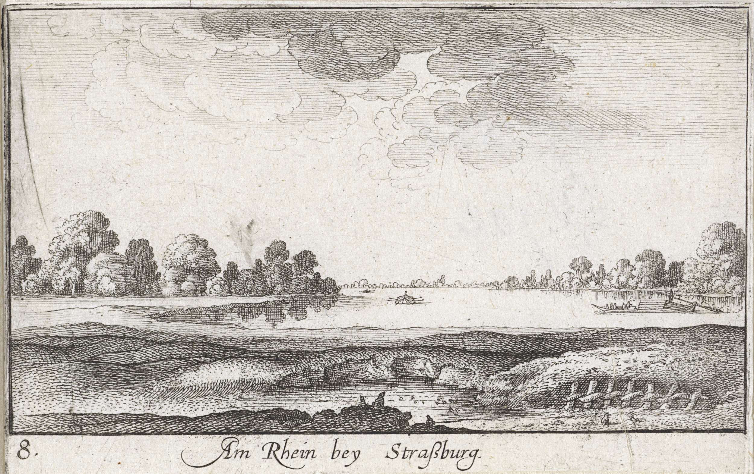Etching by Wenceslaus Hollar depicting the Rhine River landscape with reflections and serene sky